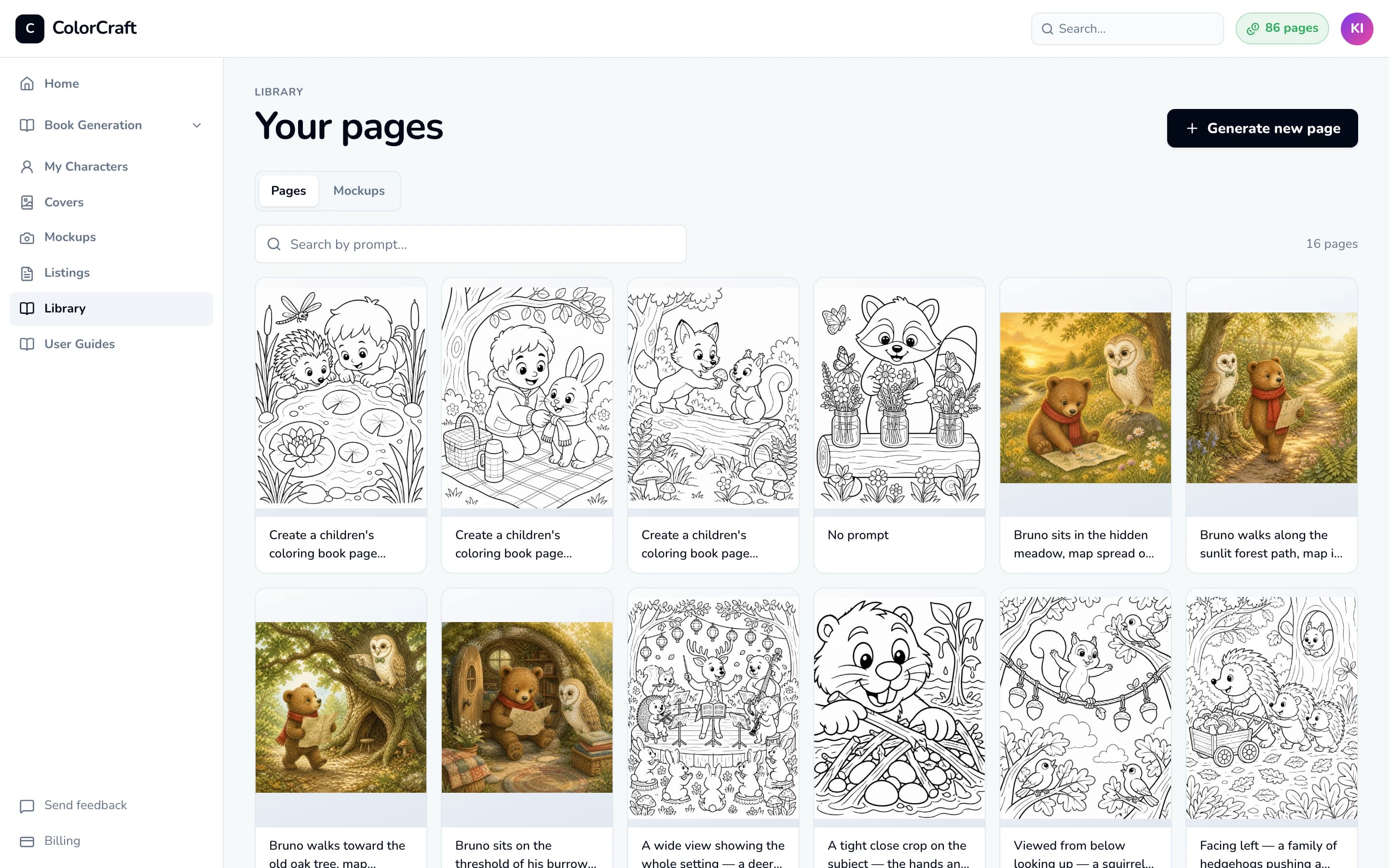 The Library page titled Your pages, with the Generate new page button, Pages and Mockups tabs, and a grid of coloring pages.