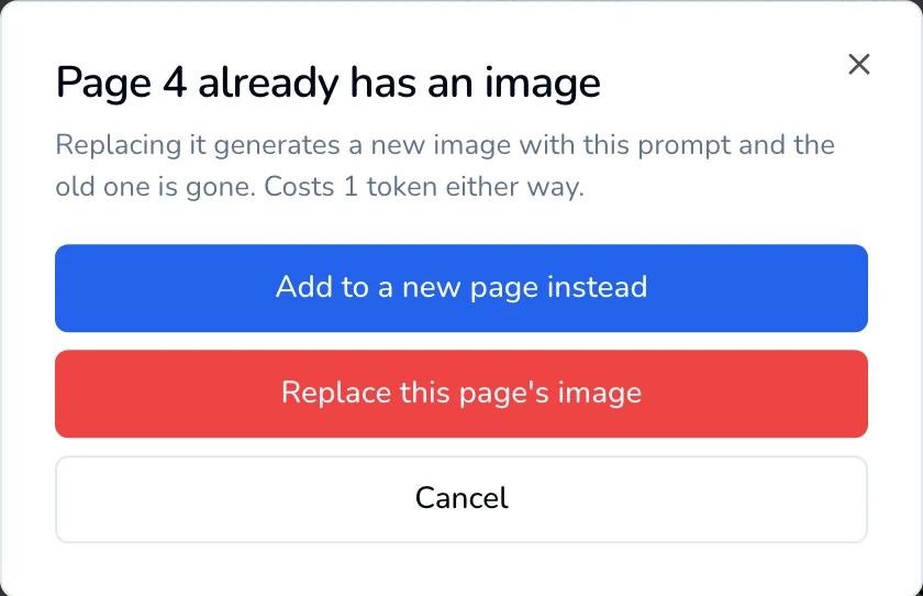 Window titled Page 4 already has an image, with the buttons Add to a new page instead, Replace this page's image, and Cancel.