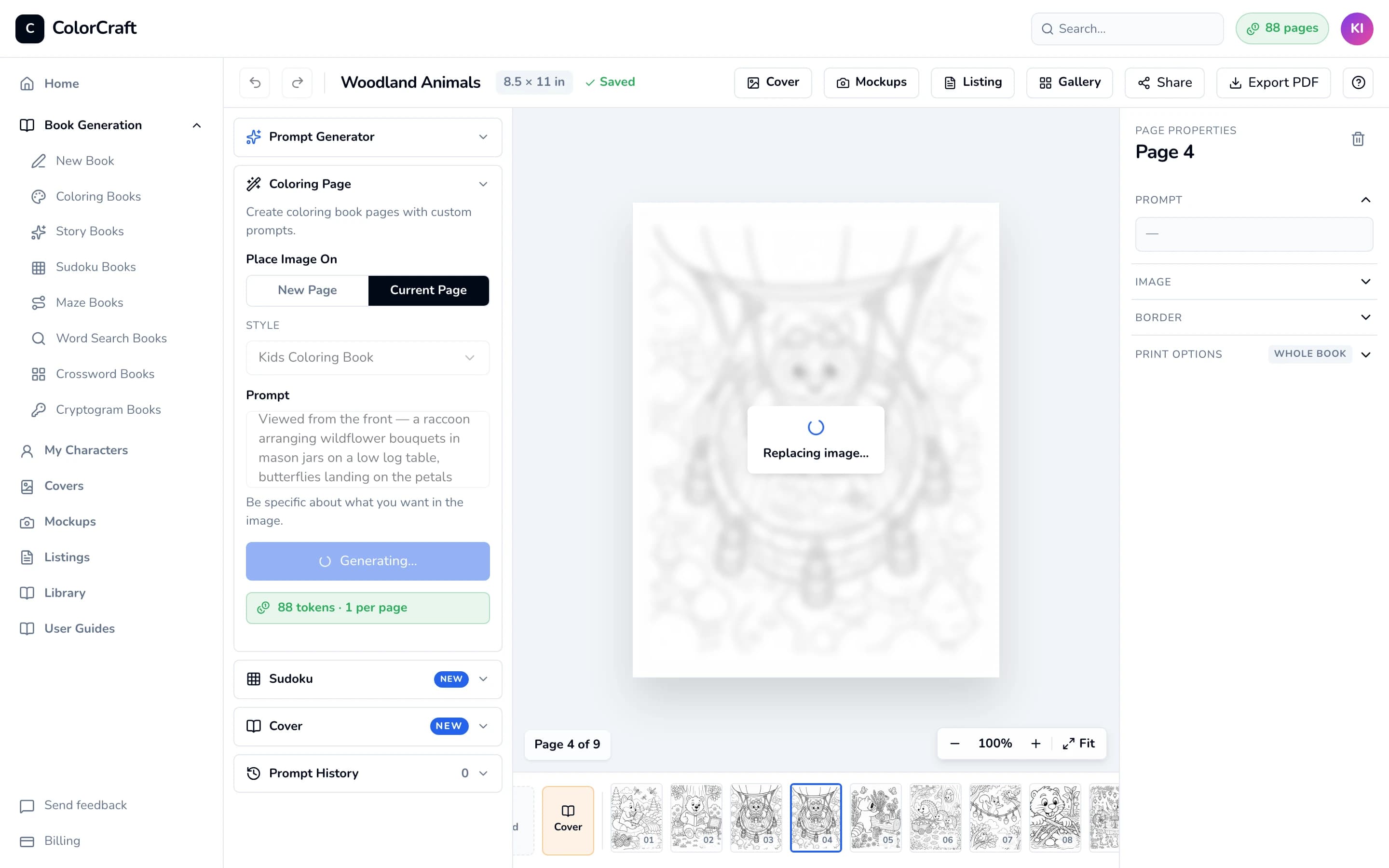 The editor while a page is being replaced: the page shows Replacing image and the Generate button shows Generating.