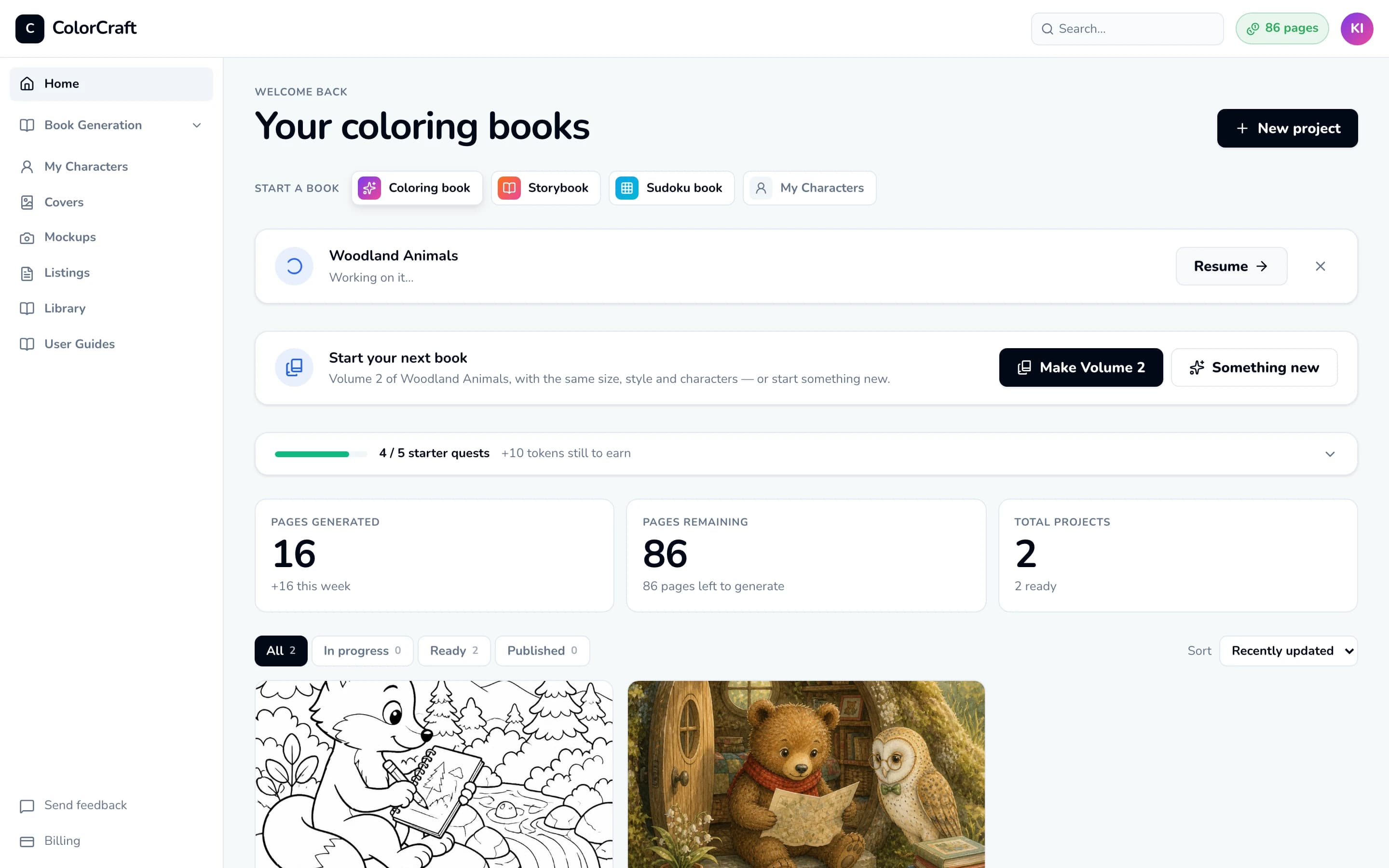 The ColorCraft dashboard, Your coloring books: Start a book buttons, a New project button, the starter quests bar, stats for pages generated, pages remaining and total projects, and book cards. The left rail runs down the side.