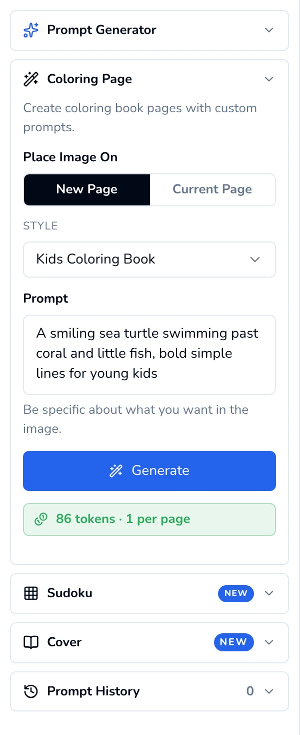 The Coloring Page panel in the editor's left sidebar with Place Image On, a style picker, a typed prompt and the Generate button.