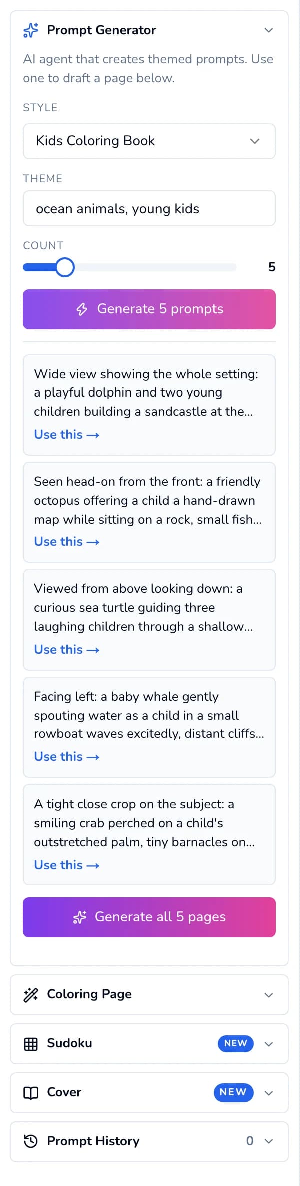 The Prompt Generator panel with Theme ocean animals, young kids, Count 5, five drafted prompts each with Use this →, and a Generate all 5 pages button.
