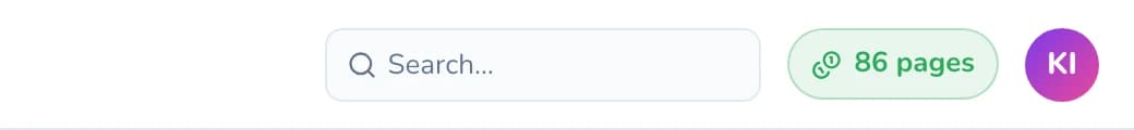The top-right corner of the app: the search box, a balance reading 86 pages, and the account avatar.