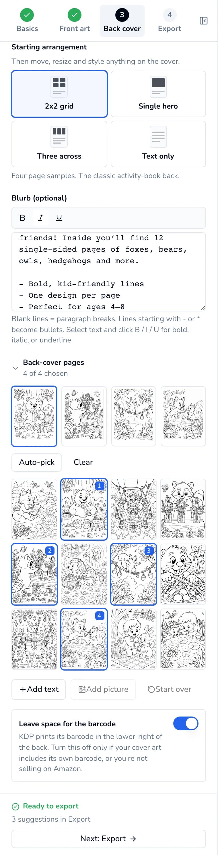 Back cover step settings: Starting arrangement choices, the Blurb box with B, I and U, Back-cover pages with 4 of 4 chosen and Auto-pick and Clear, Add text, Add picture, Start over, and the Leave space for the barcode switch.