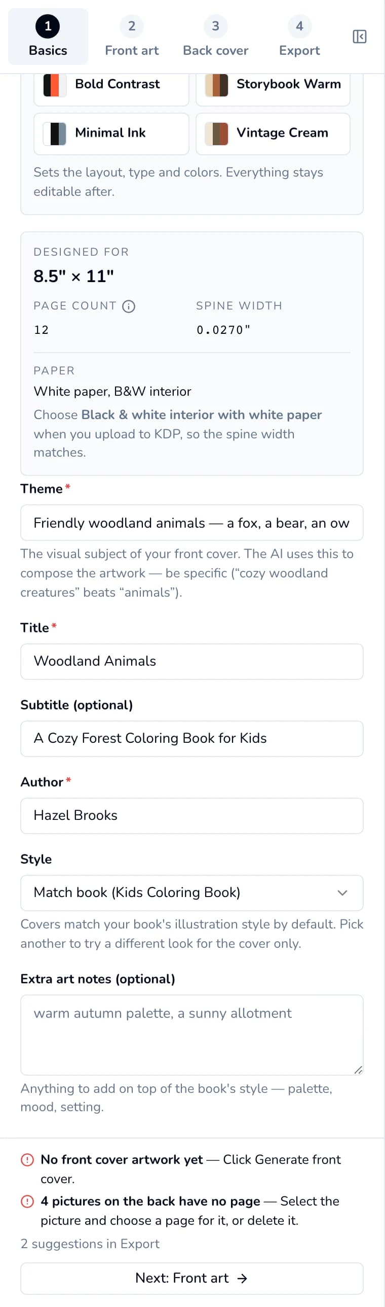 Basics step: Start from a look, the Designed for box with trim, page count, spine width and paper, then Theme, Title, Subtitle, Author, Style and Extra art notes.