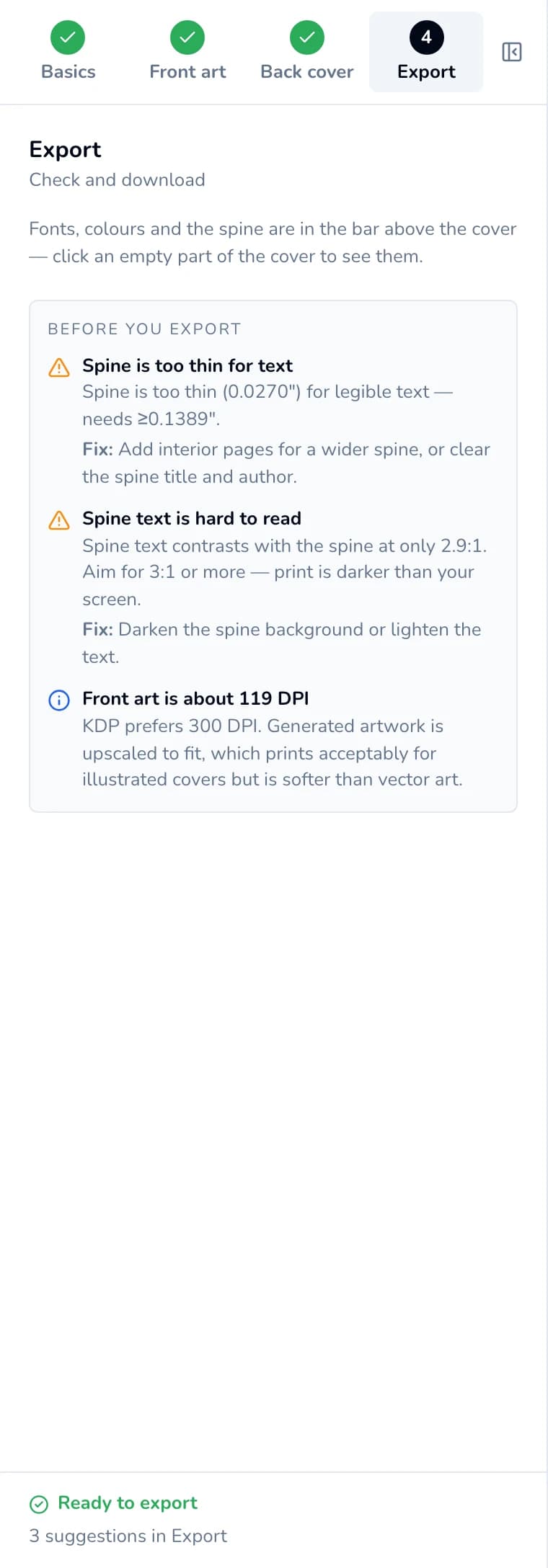 Export step: Before you export, listing Spine is too thin for text, Spine text is hard to read and Front art is about 119 DPI, each with a fix.