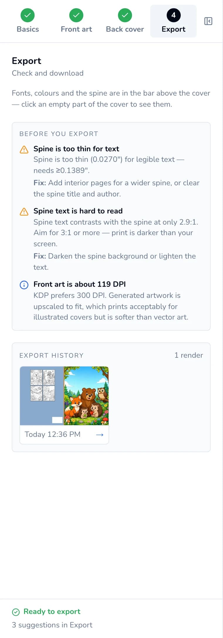Export step with Export history listing one exported wrap with a thumbnail and time.