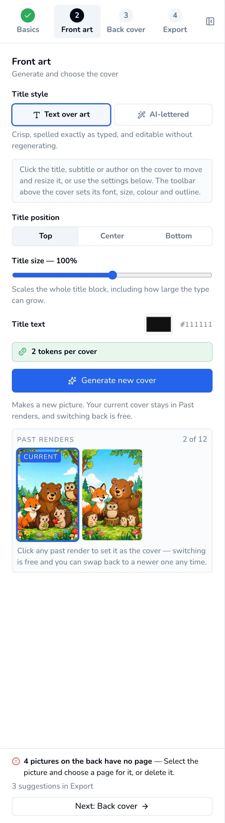 Front art step: Title style with Text over art selected, title position, size and color, the price box, the Generate new cover button and Past renders showing 2 of 12.