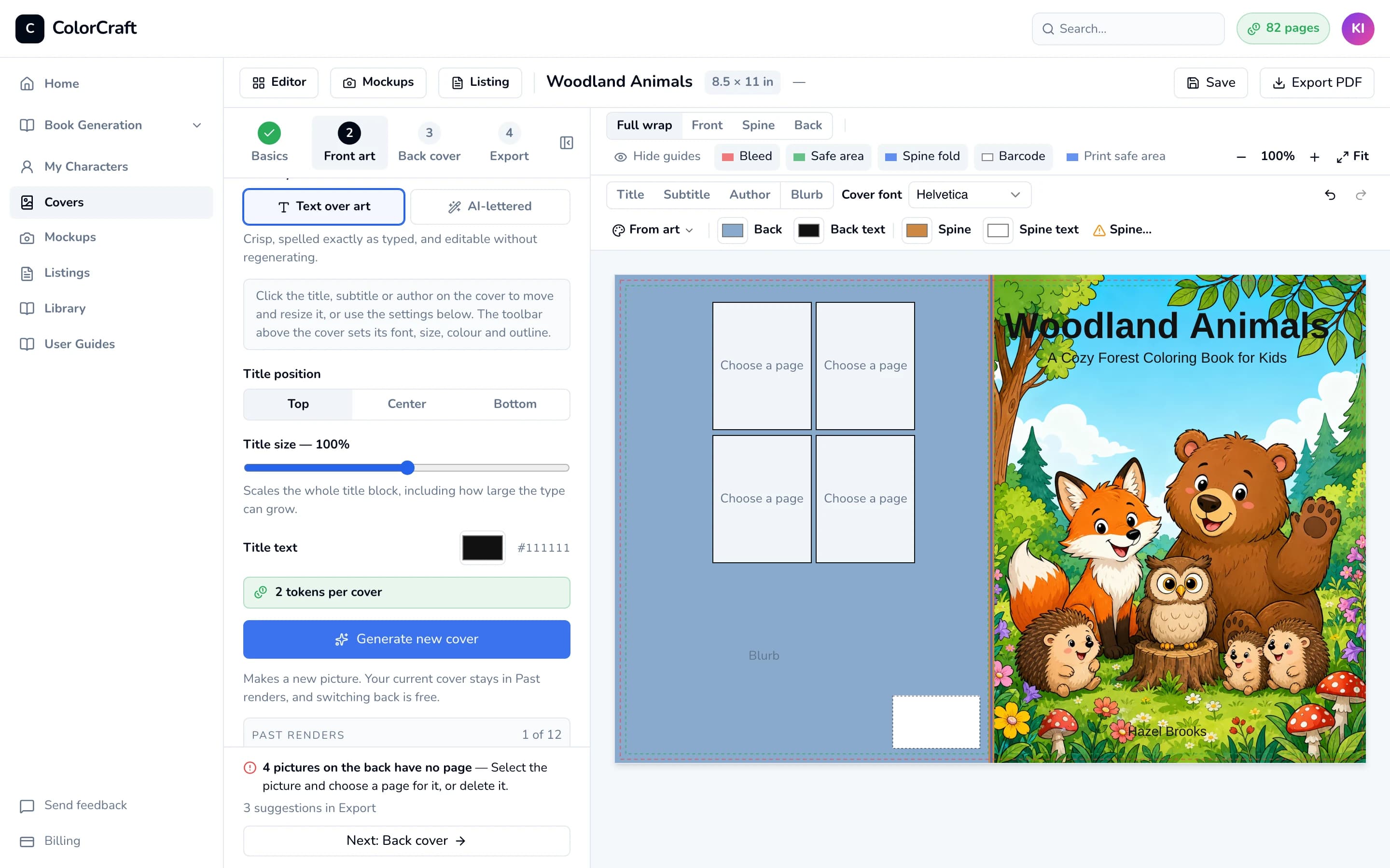 The cover editor after the first front render: illustrated woodland art with the title, subtitle and author typeset over it.