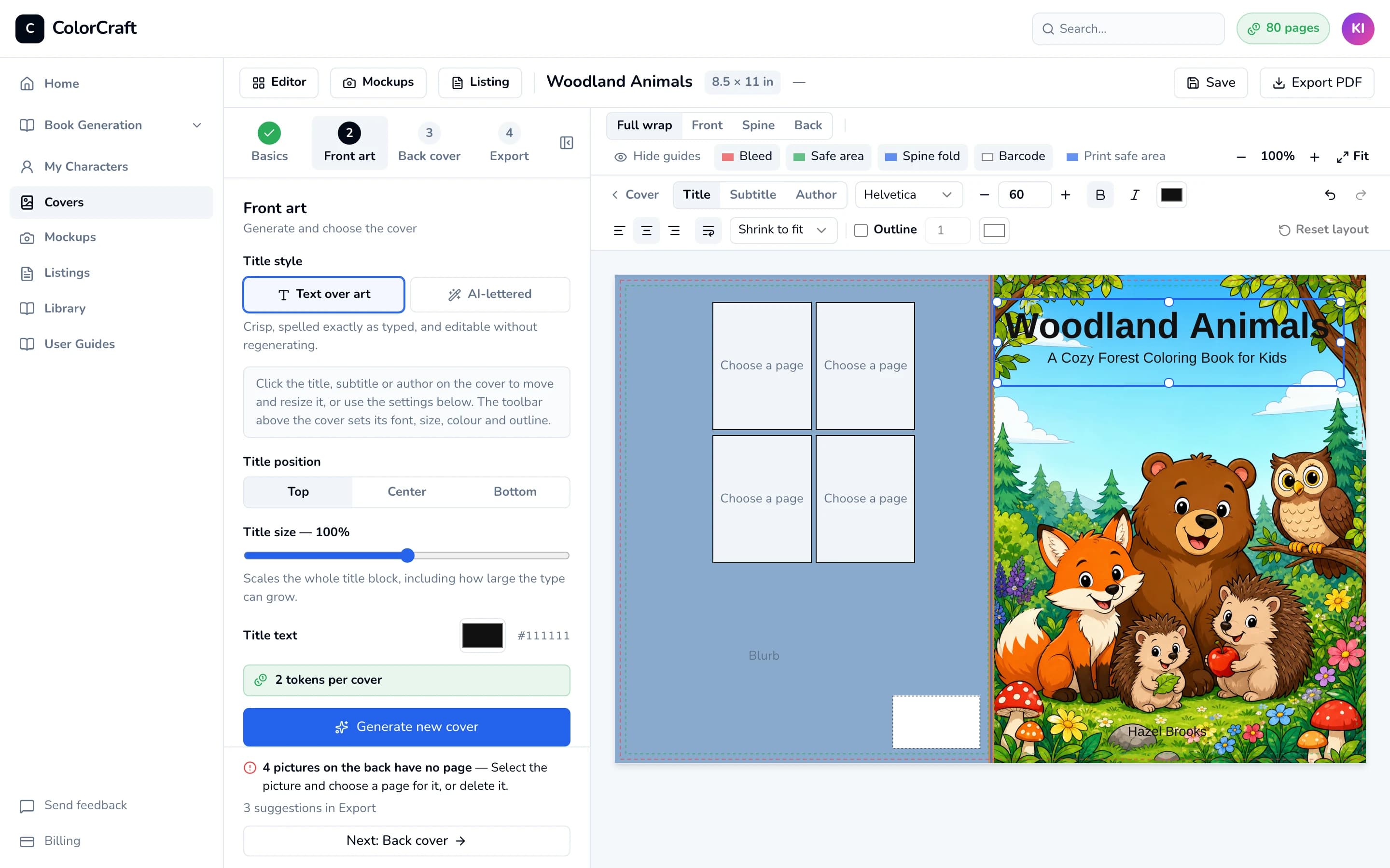 The cover editor with the front title selected and the formatting bar showing font, size, bold, italic, color, alignment, wrap, autofit and outline controls.