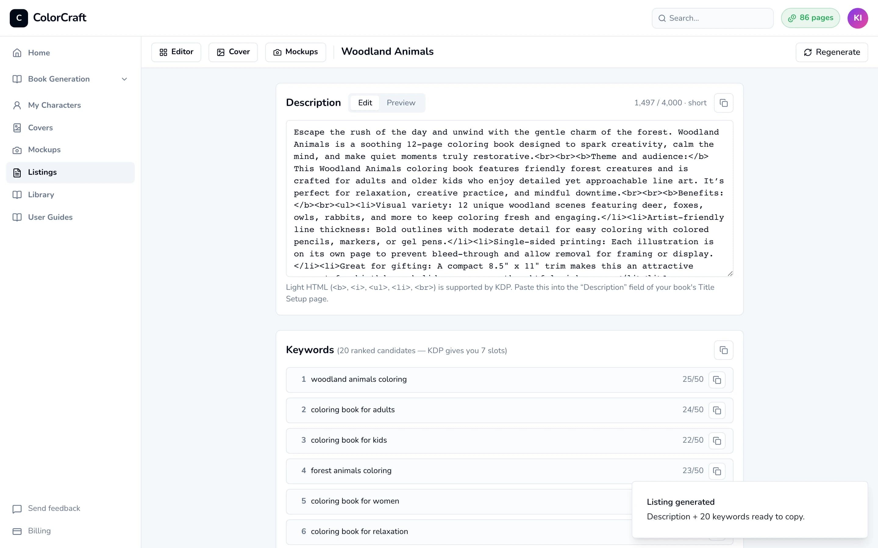 The Listing page after generating: a Description card with Edit and Preview tabs and a character count, a Keywords card below, and a Regenerate button in the top bar.