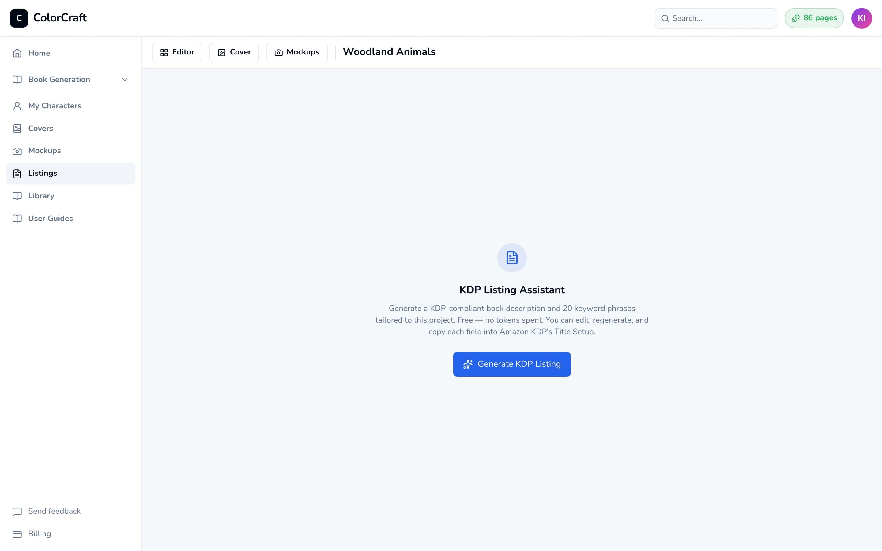The Listing page before anything is generated: KDP Listing Assistant with a Generate KDP Listing button.