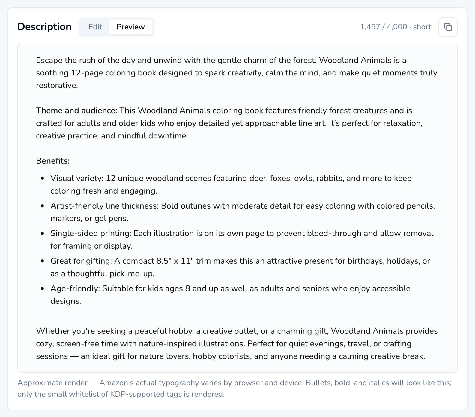 The Description card on the Preview tab, showing the description with bold text and bullet points, and the count 1,497 of 4,000, short.
