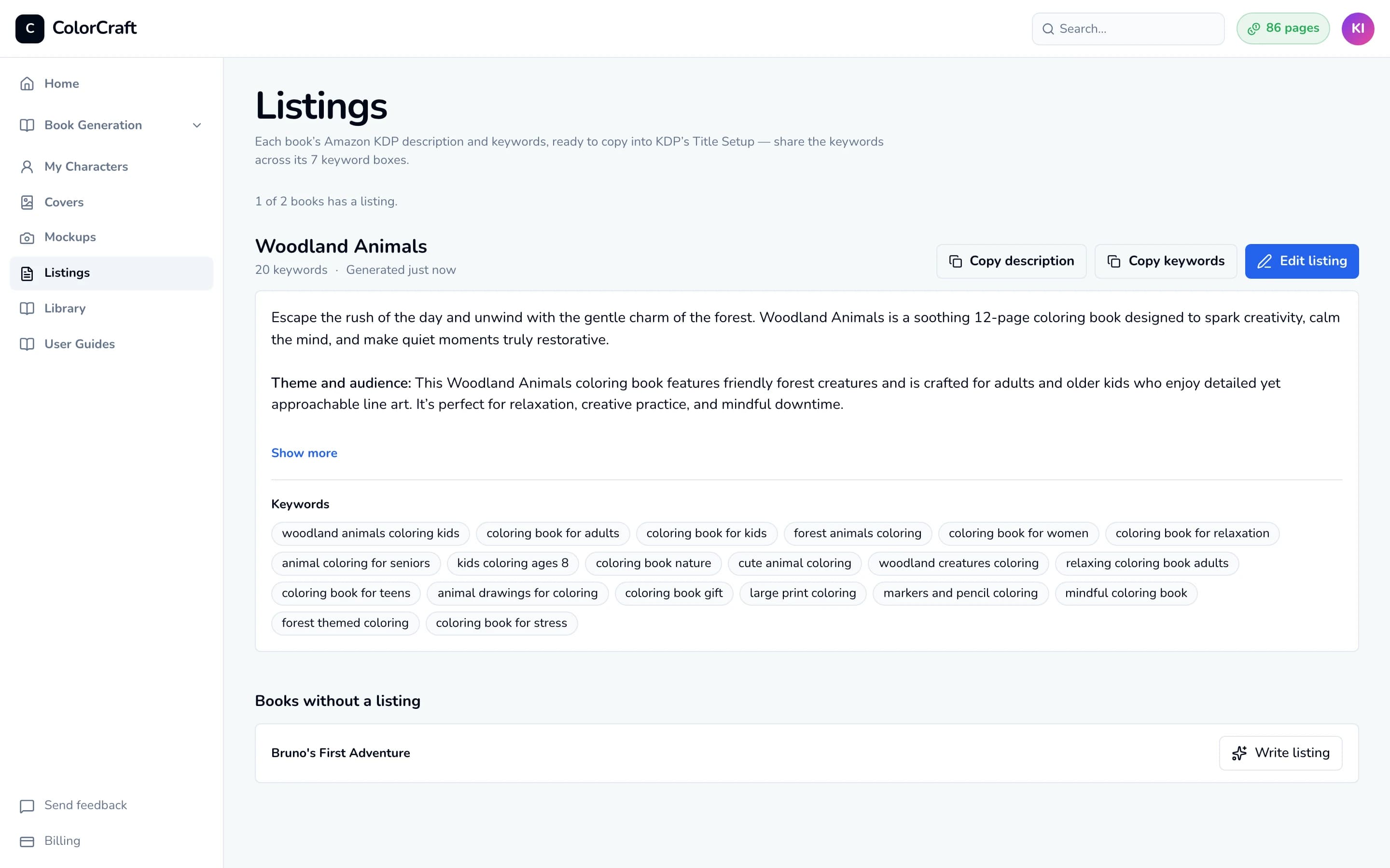 The Listings page: a book's saved description and keywords with Copy description, Copy keywords and Edit listing buttons, and a Books without a listing section with Write listing.