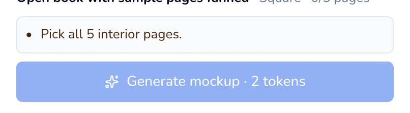 The note Pick all 5 interior pages above a greyed-out Generate mockup button.