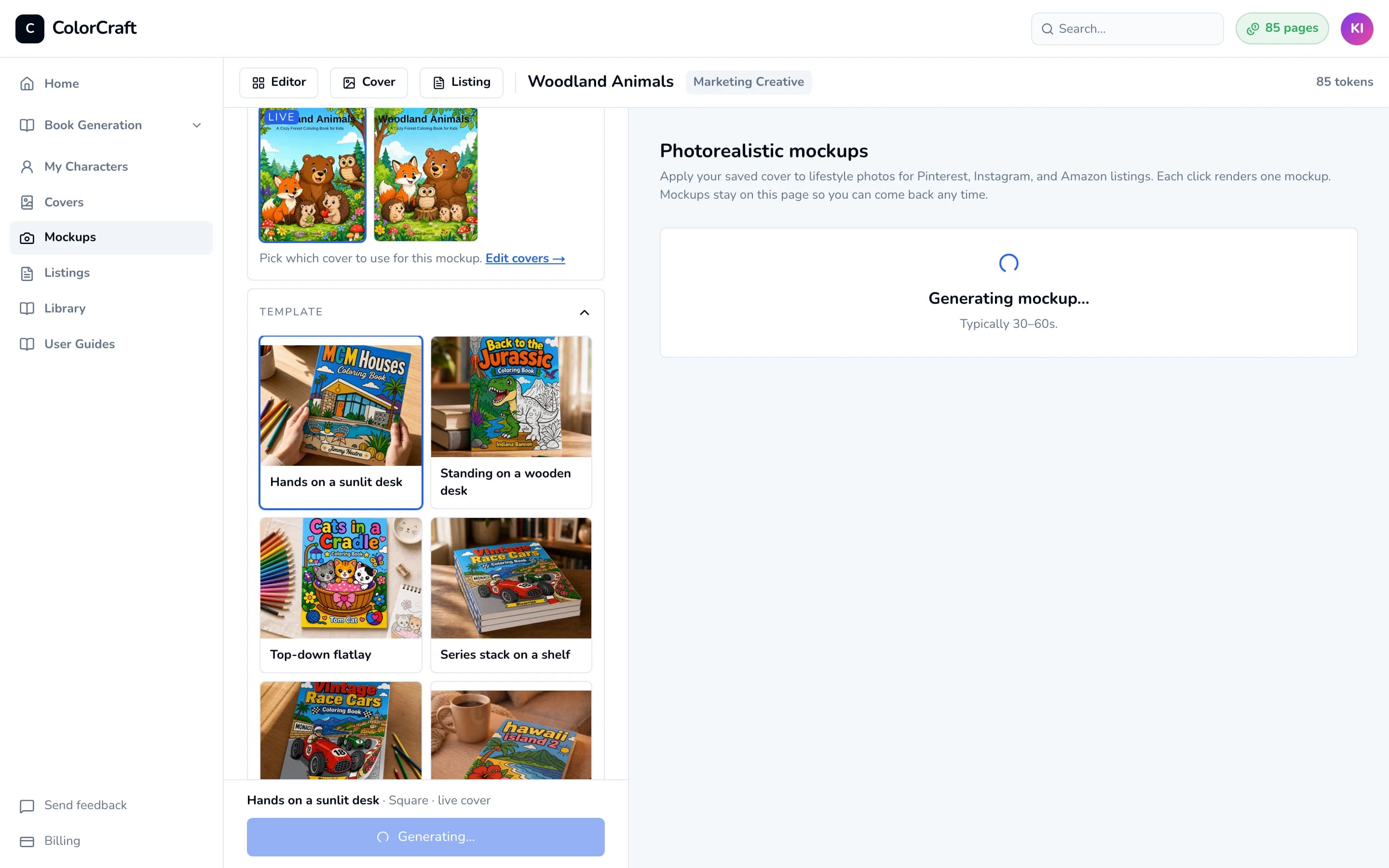 The mockup studio while a mockup renders, showing Generating mockup.