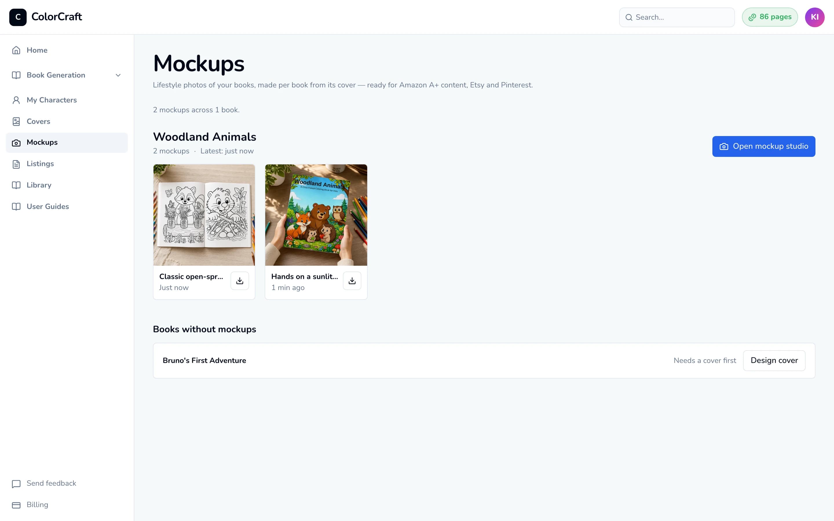 The Mockups page listing a book with two mockups and an Open mockup studio button, and a Books without mockups section noting another book needs a cover first.