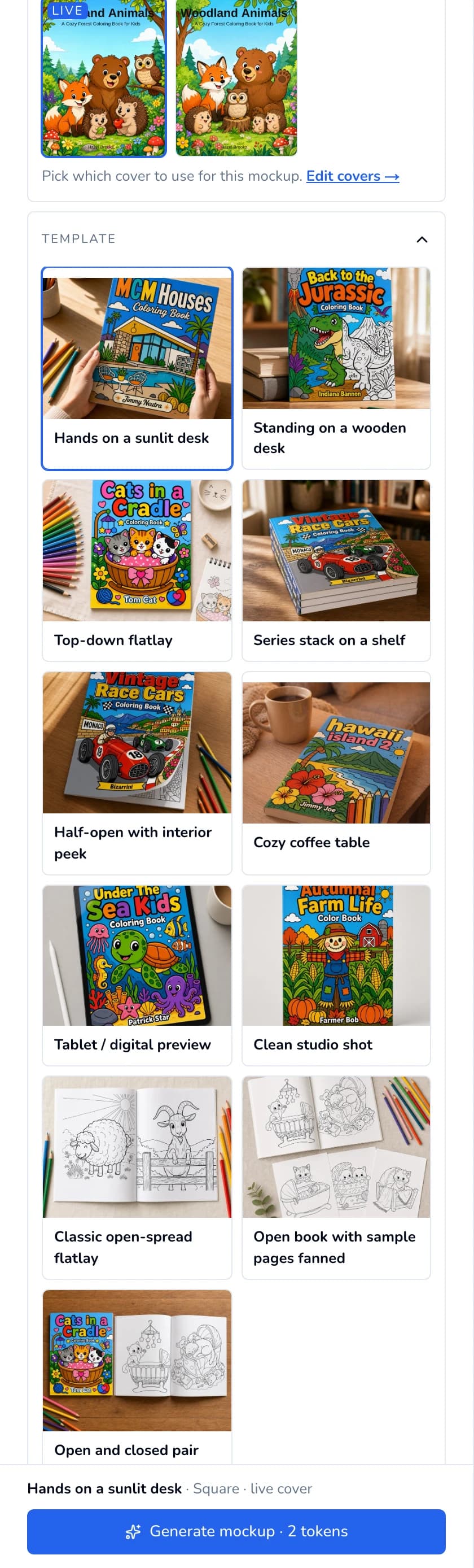 Mockup settings: Use this cover with the live cover and a past render, the grid of templates with Hands on a sunlit desk selected, and the Generate mockup button.