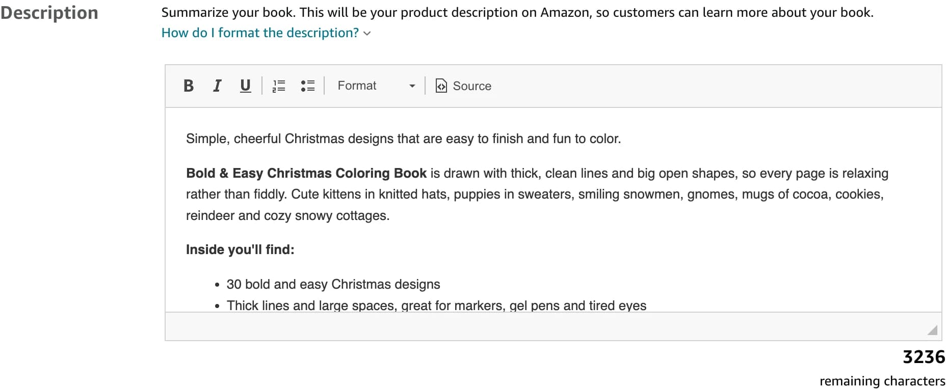 KDP's Description box with a formatted coloring-book description: a bold title, a paragraph and a bulleted Inside you'll find list, with 3236 remaining characters.