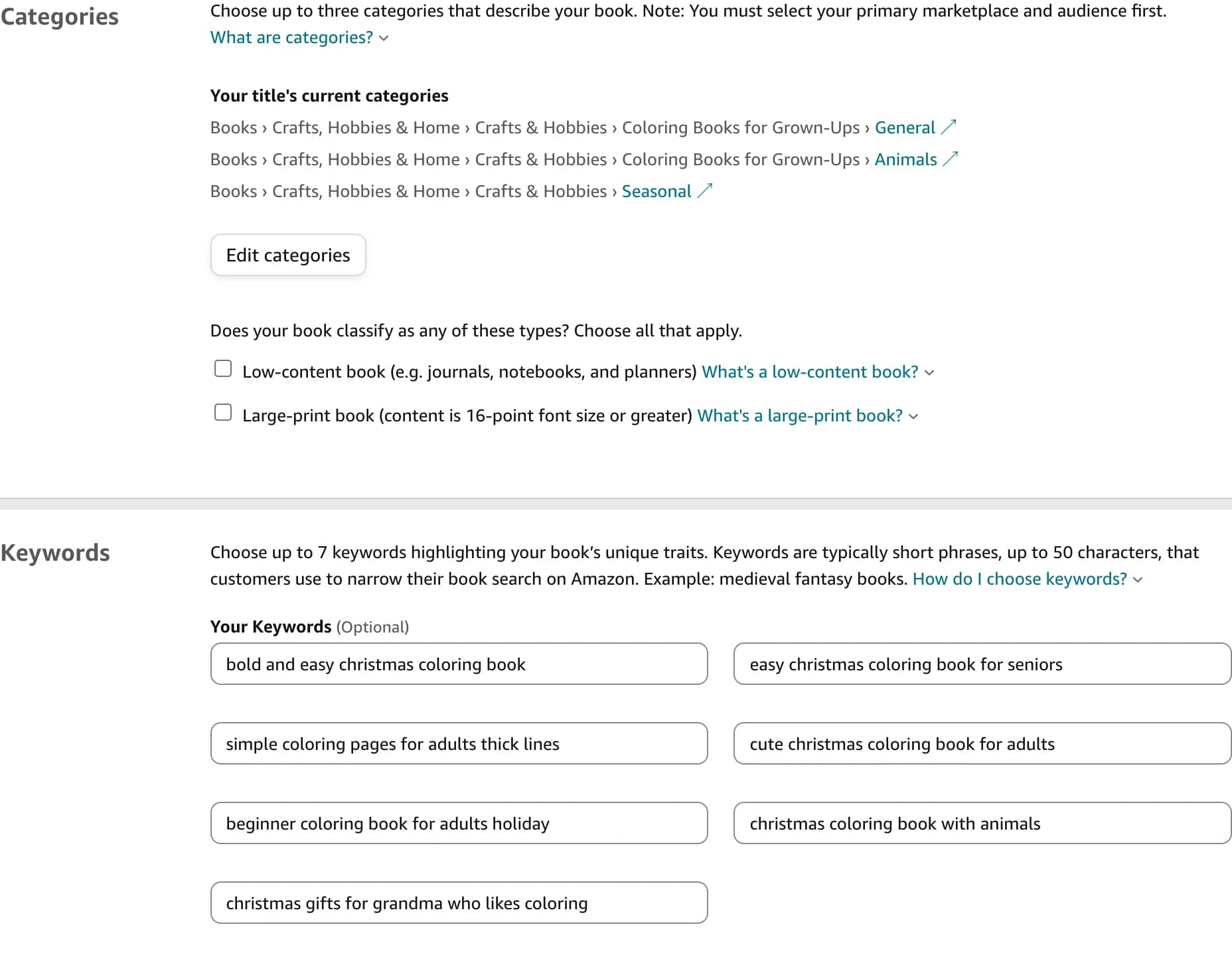 The three chosen categories, Low-content and Large-print unticked, and seven keyword boxes filled with phrases such as bold and easy christmas coloring book.