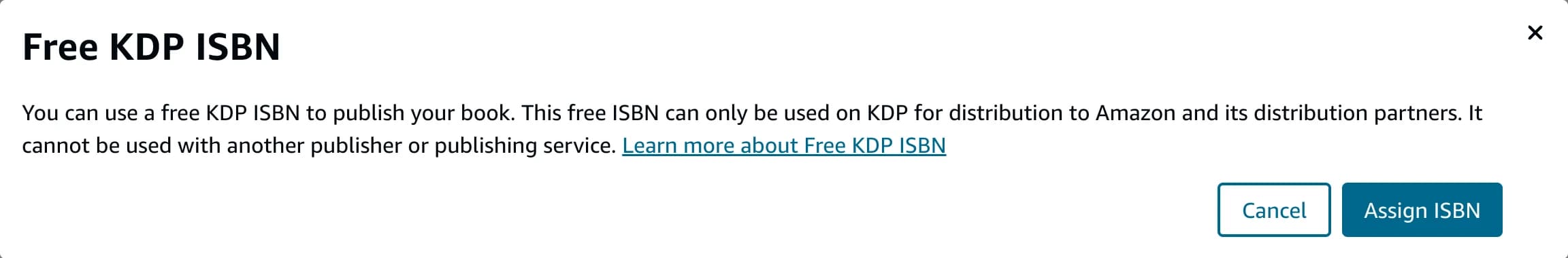 The Free KDP ISBN dialog explaining that the ISBN can only be used on KDP, with Cancel and Assign ISBN buttons.