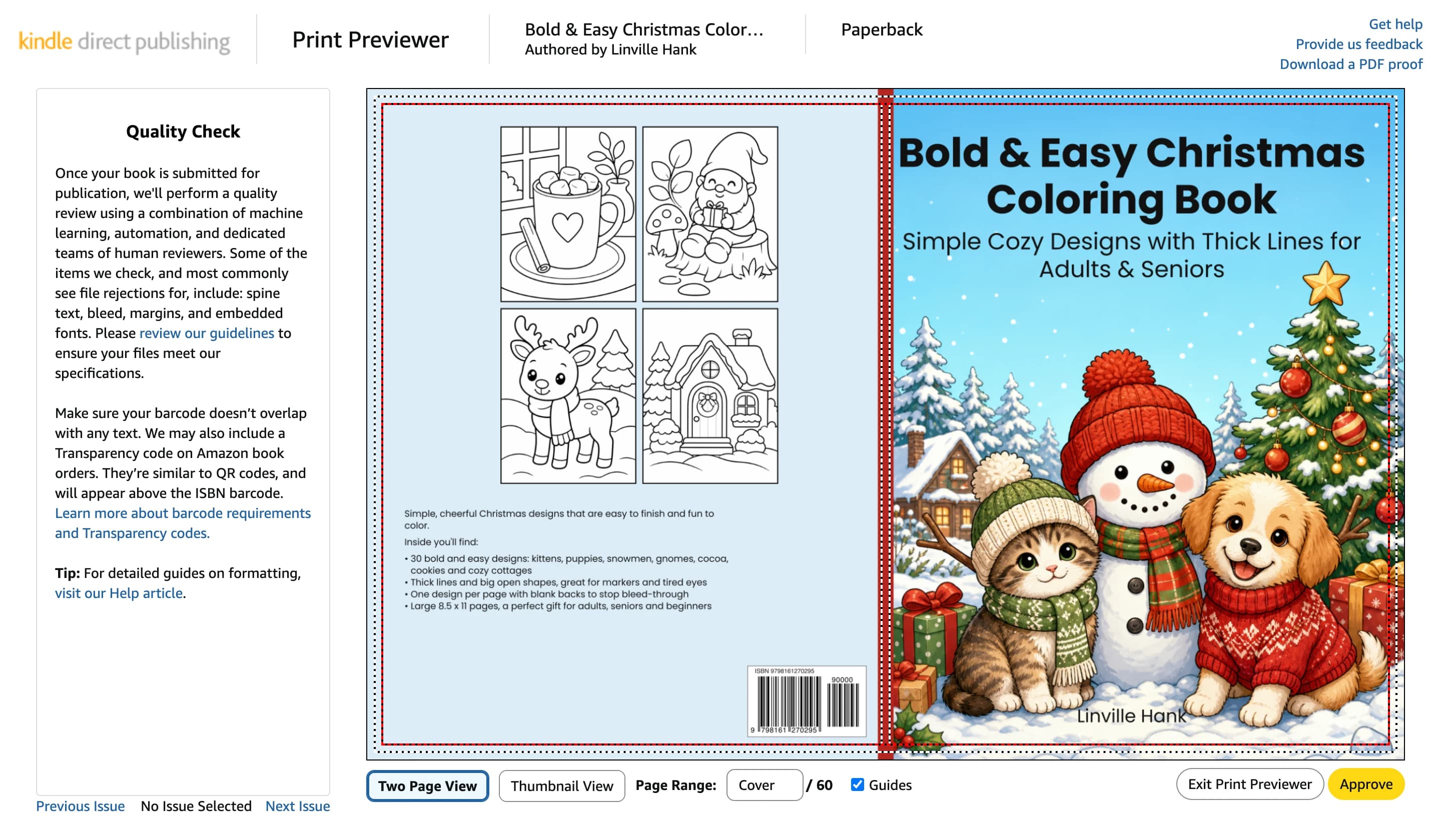 KDP's Print Previewer showing a ColorCraft cover: the back with four sample pages, a blurb and KDP's barcode in the lower-right, and the illustrated front with the title.