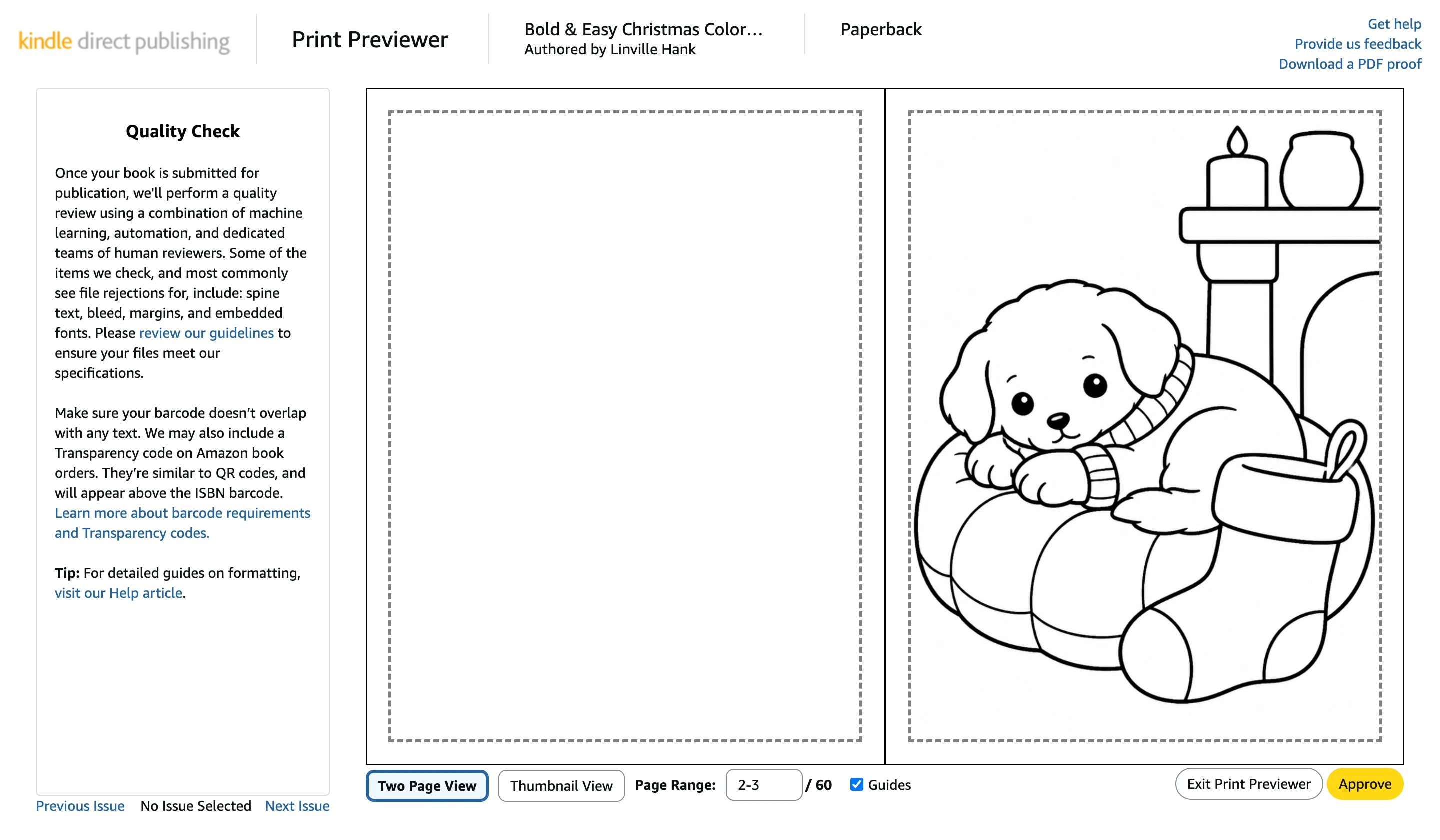 Print Previewer on pages 2–3 of 60: a blank left-hand page and a puppy coloring design on the right-hand page, both inside dashed margin guides, with Approve at the bottom right.