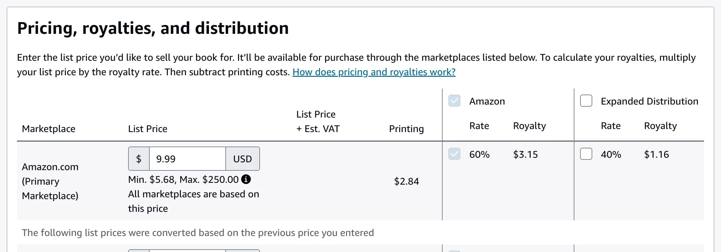 The pricing table for Amazon.com: list price 9.99 USD, printing 2.84 dollars, Amazon royalty rate 60 percent and royalty 3.15 dollars, with Expanded Distribution unticked at 40 percent and 1.16 dollars.