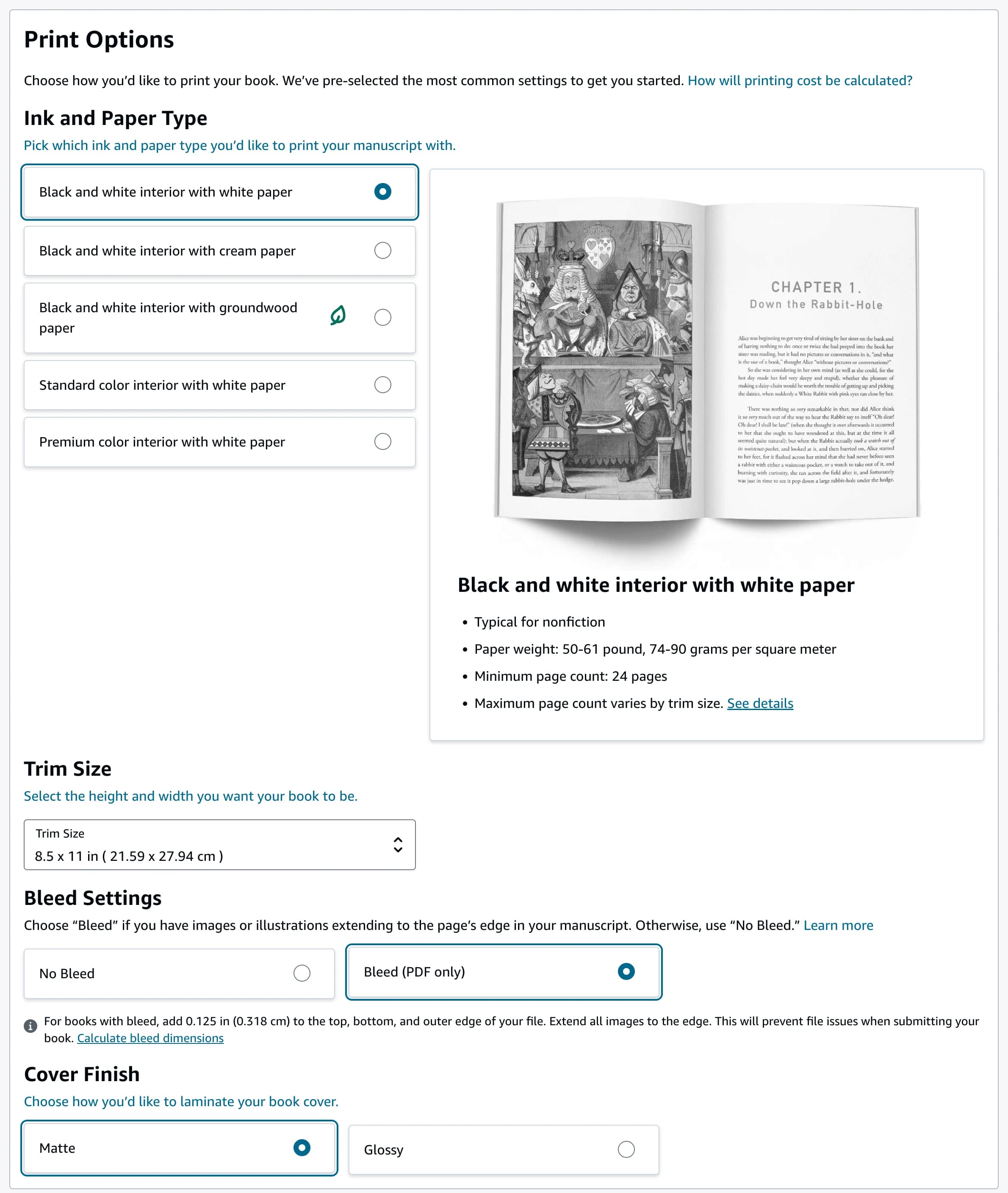 KDP Print Options: Black and white interior with white paper selected, Trim Size 8.5 x 11 in, Bleed (PDF only) selected, and Matte cover finish.