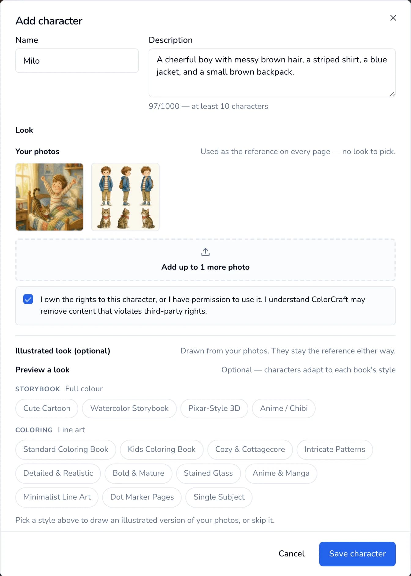 The Add character window for Milo with two uploaded pictures, the note “Add up to 1 more photo”, the rights checkbox ticked, the optional Illustrated look style choices, and Save character.