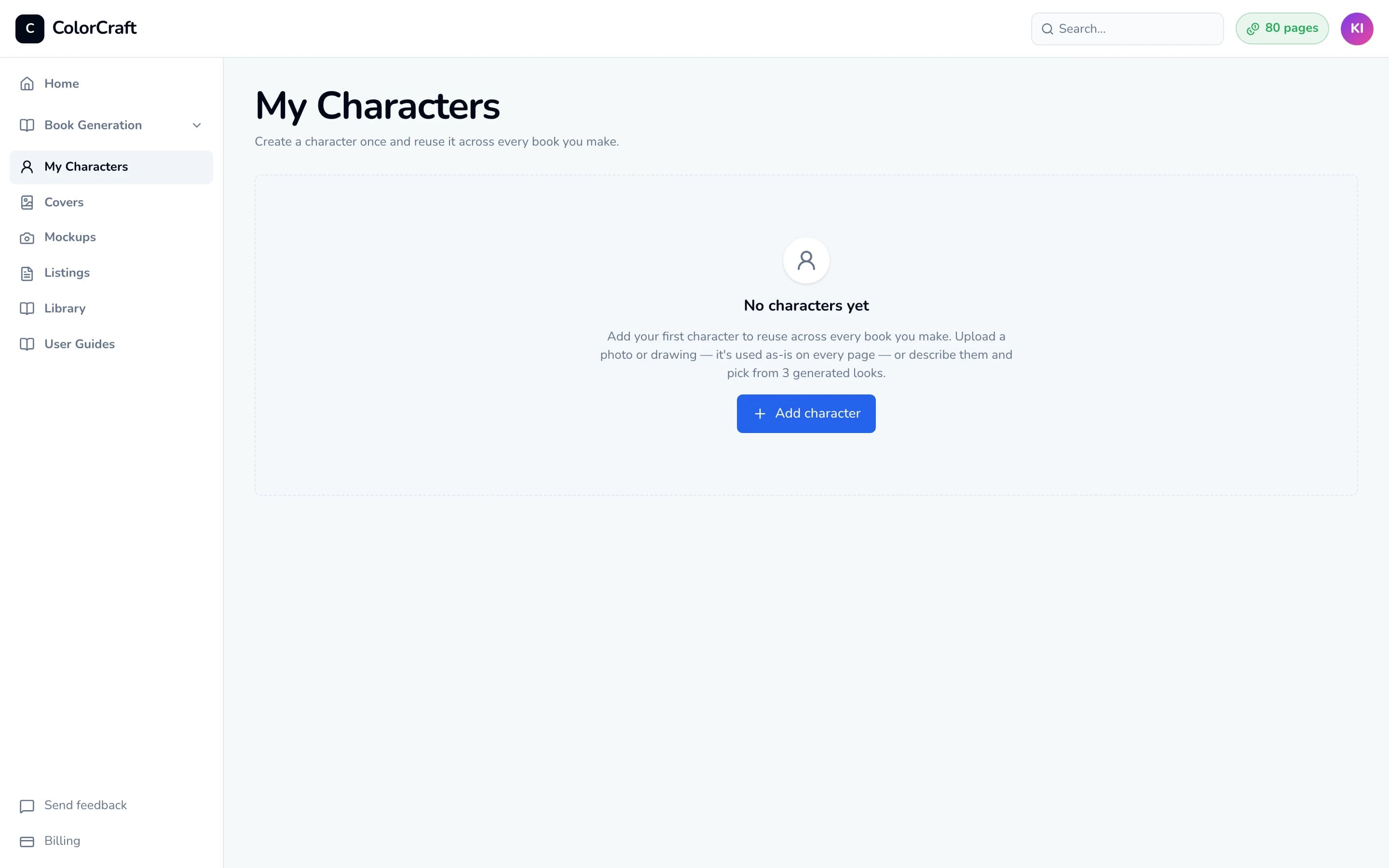 The My Characters page with the empty state “No characters yet” and an Add character button.