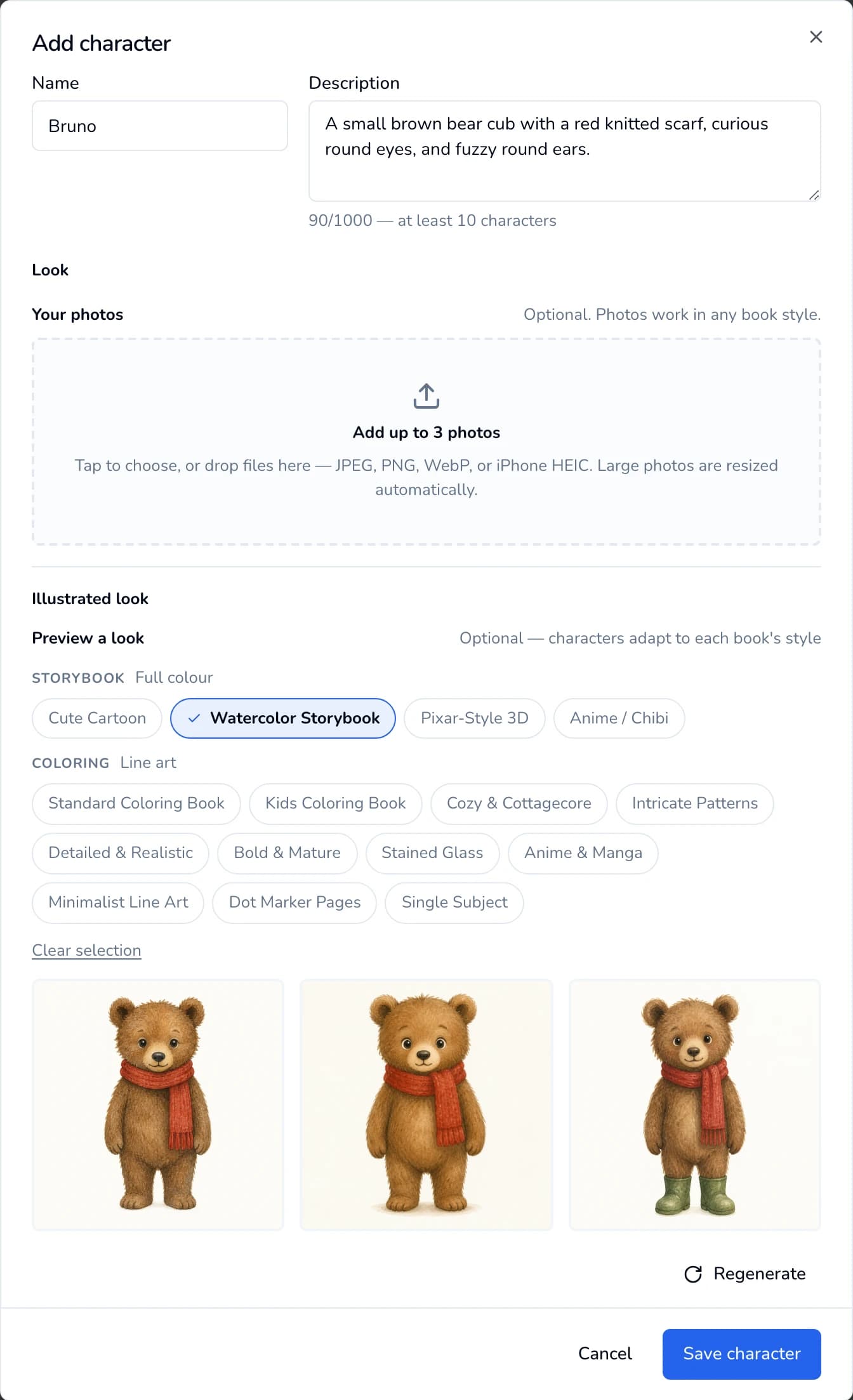The Add character window for Bruno with Watercolor Storybook selected under Preview a look, three generated looks, a Regenerate button and Save character.