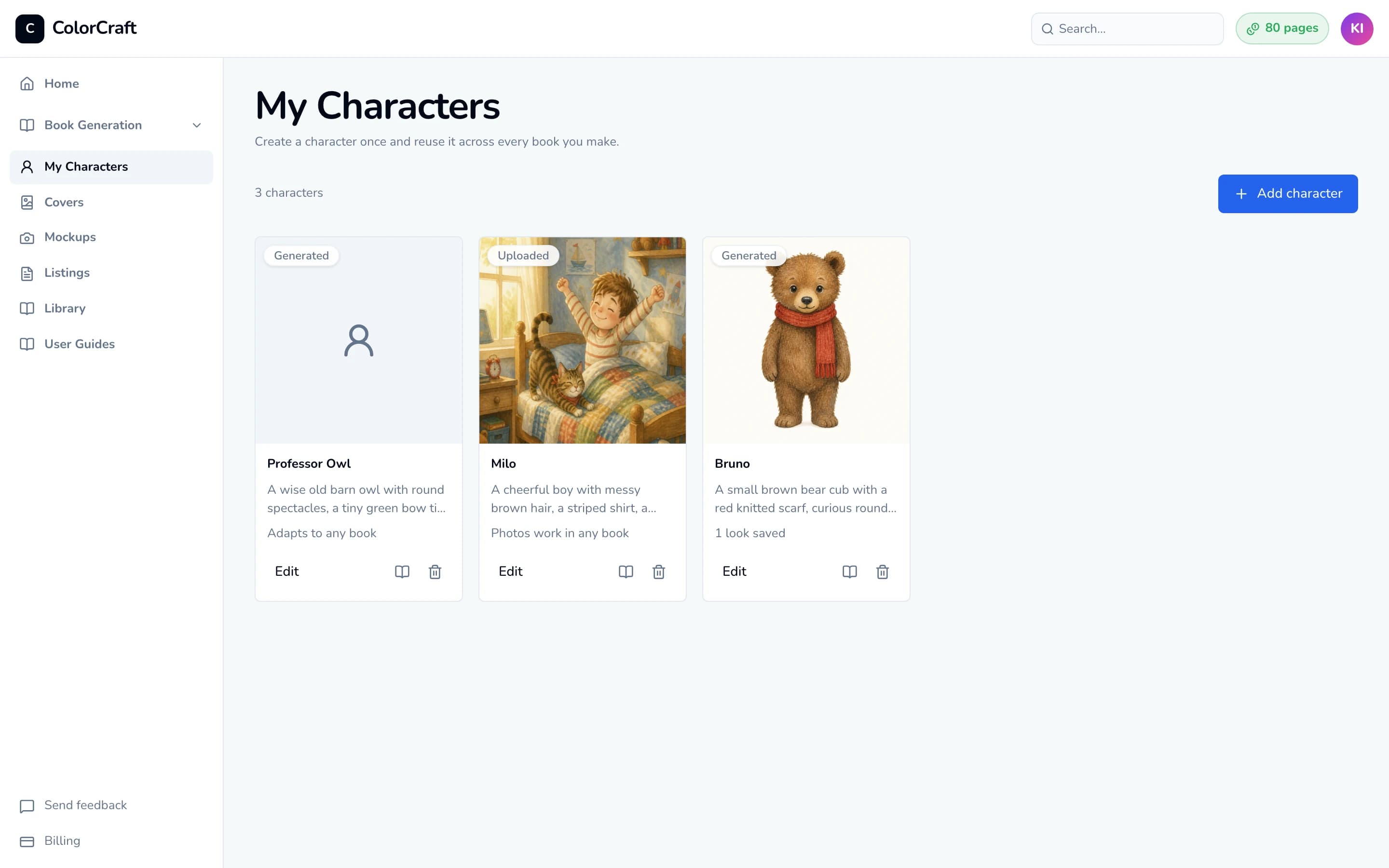 The My Characters grid with three cards: Professor Owl (Generated, no look yet), Milo (Uploaded, Photos work in any book) and Bruno (Generated, 1 look saved).