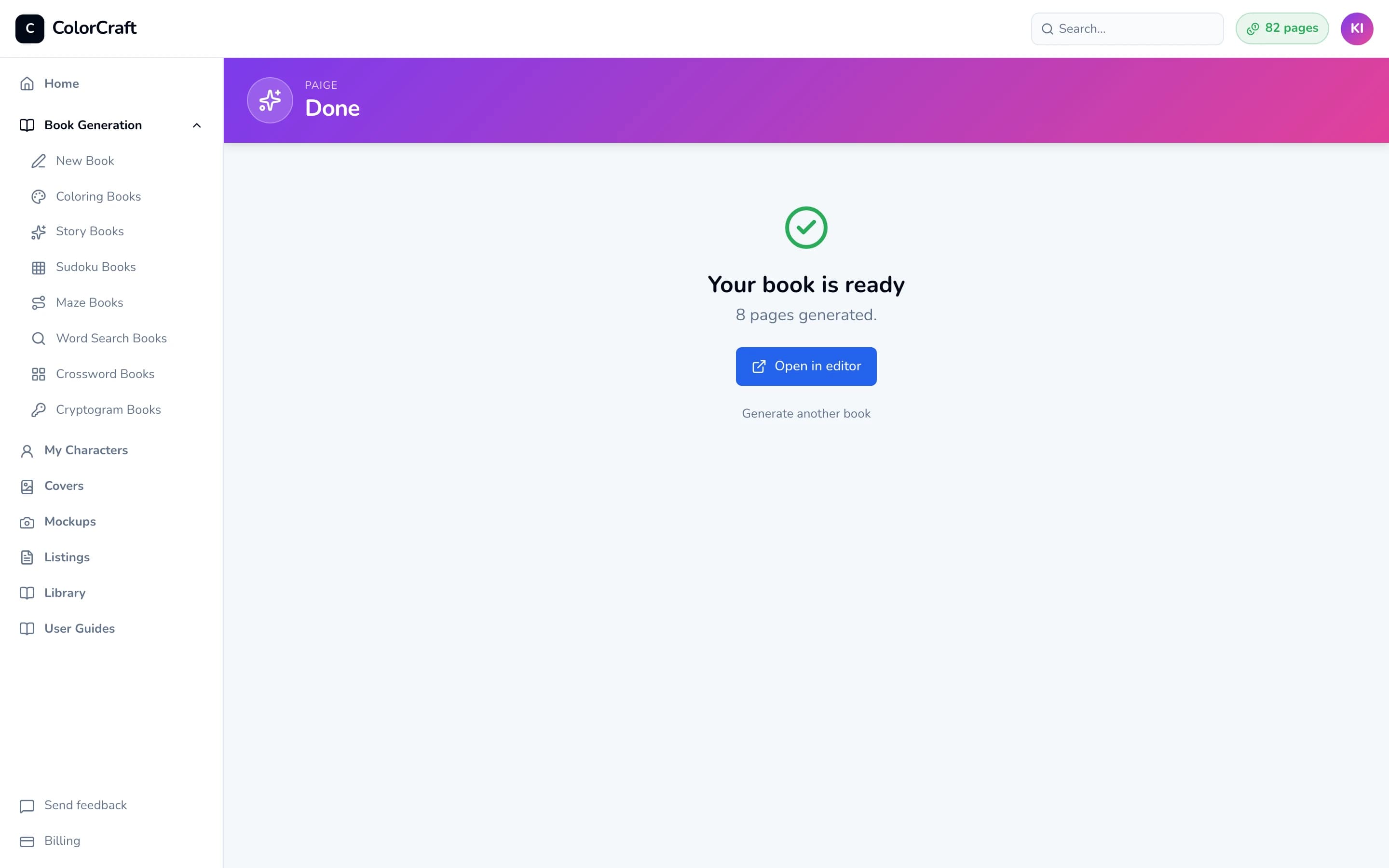 Step 4: a green check, “Your book is ready — 8 pages generated.”, an Open in editor button, and a Generate another book link.