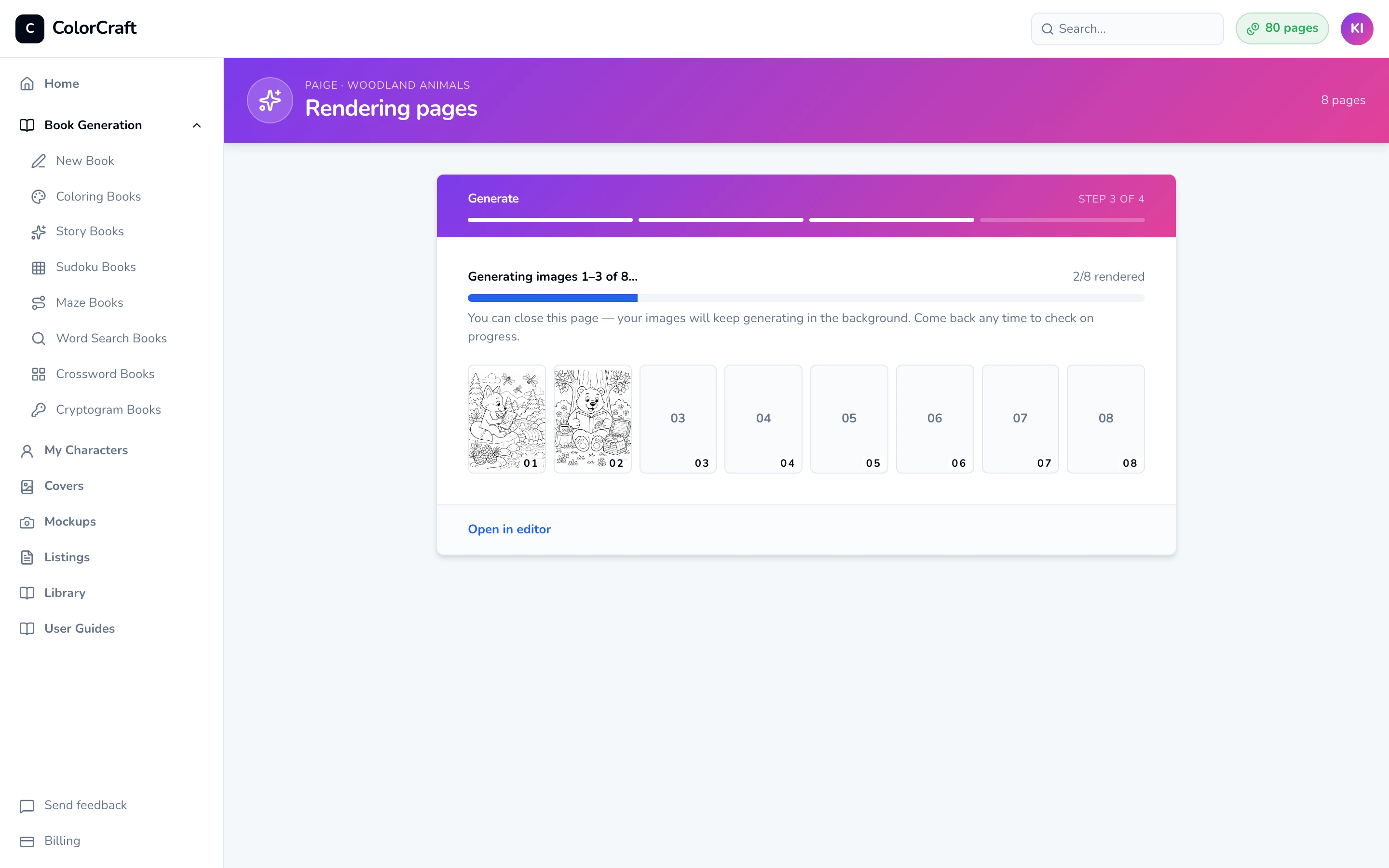 Step 3, Rendering pages: the status line “Generating images 1–3 of 8…”, 2 of 8 rendered, a progress bar, two finished thumbnails and six waiting tiles.