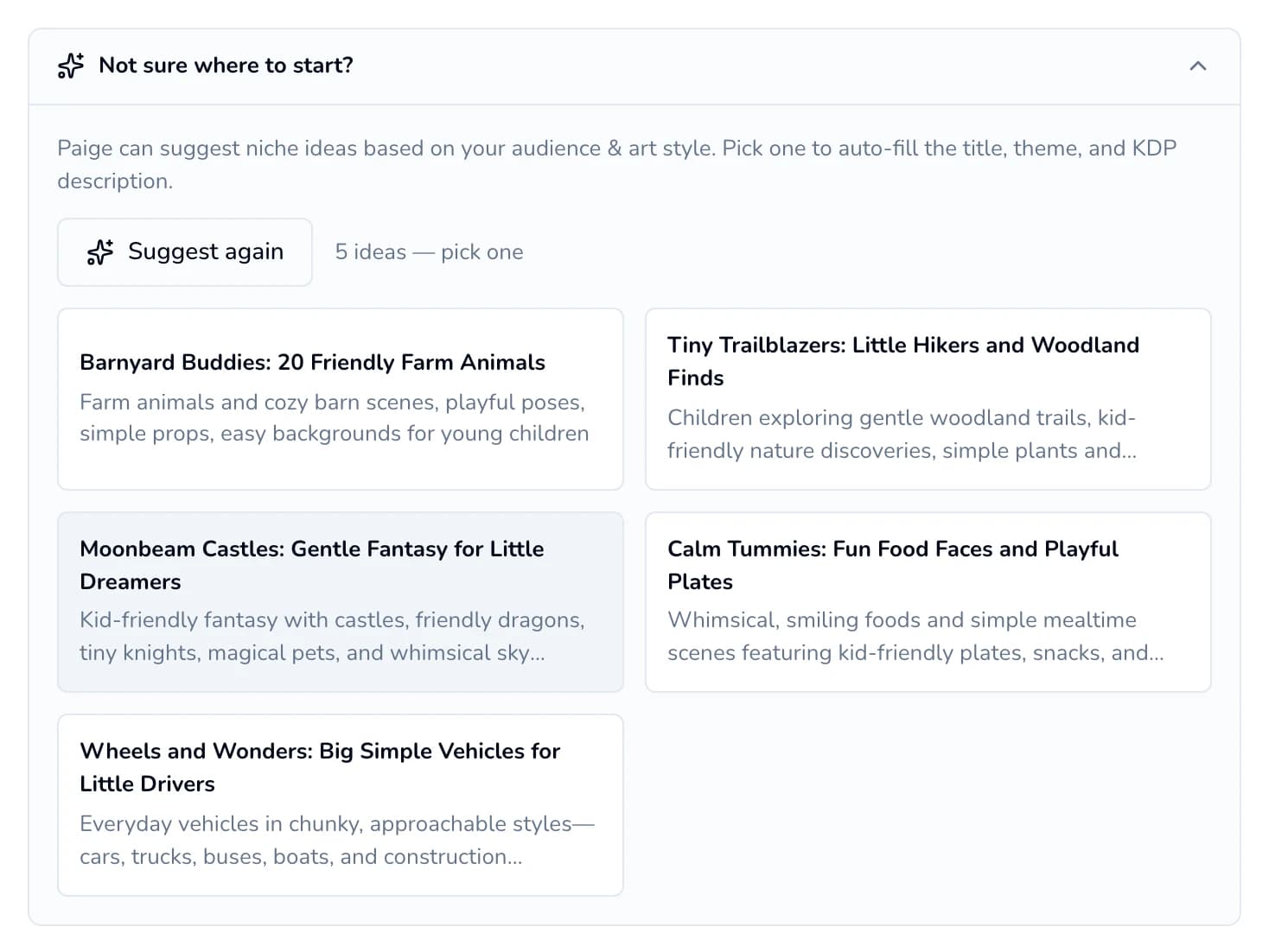 The “Not sure where to start?” panel showing a Suggest again button, the line “5 ideas — pick one”, and five idea cards.