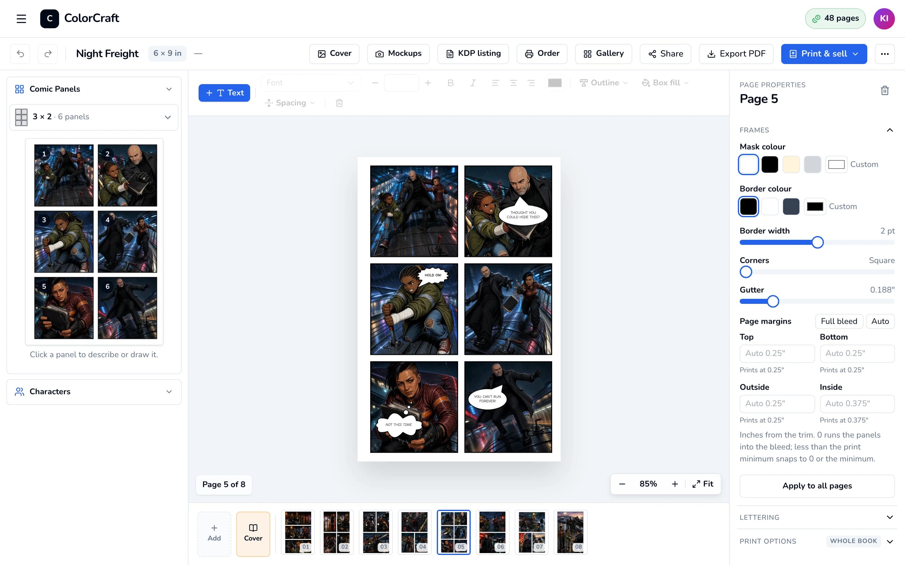 The comic editor: the Comic Panels rail, a lettered page on the canvas and the page properties.
