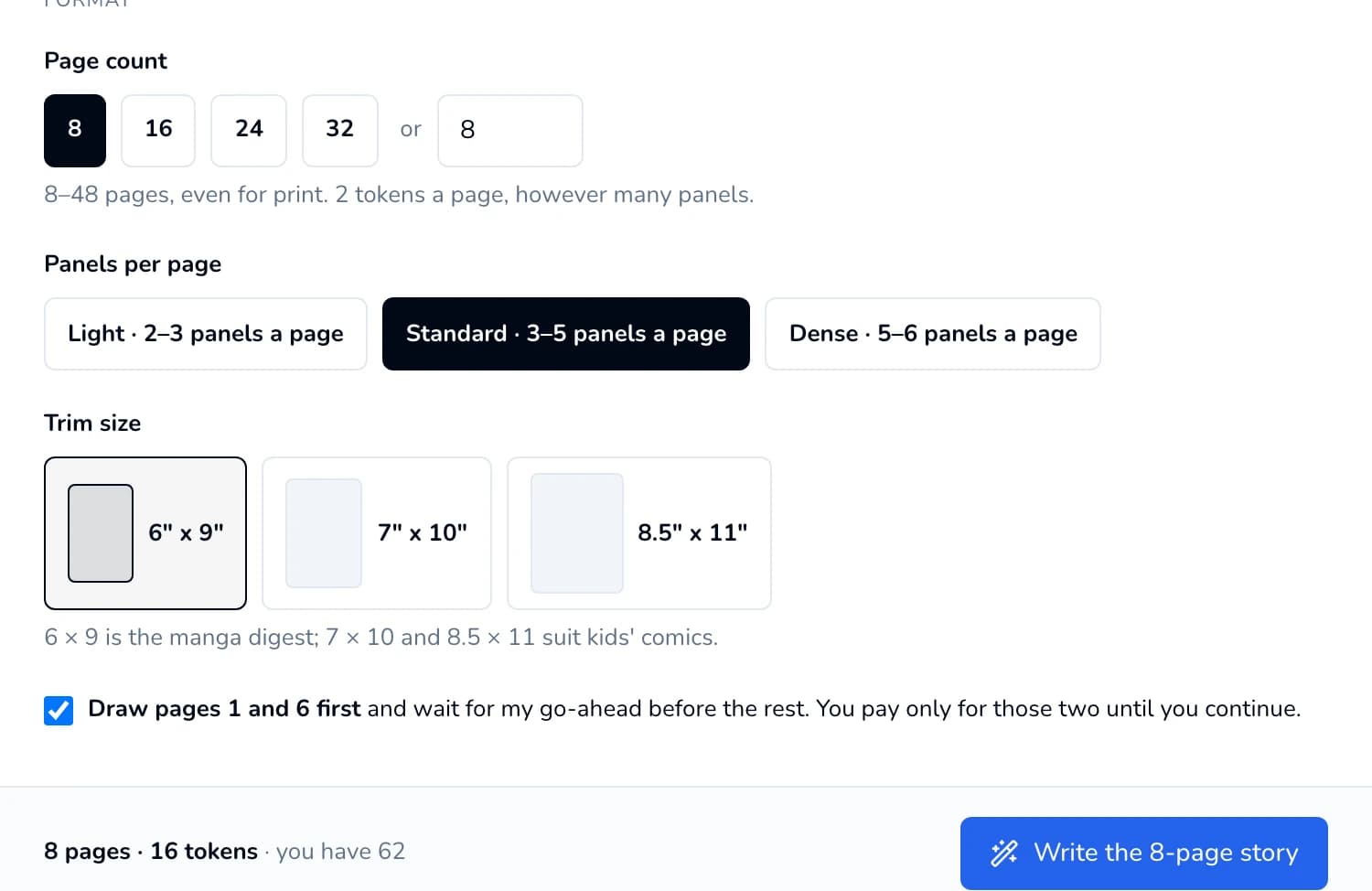 The page count, panels per page and trim size choices, with the two-preview-pages box ticked.