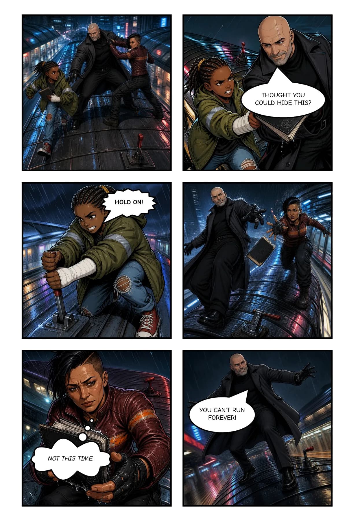 A finished six-panel comic page: a fight on a speeding tram roof, lettered with speech balloons, a shout and a thought balloon.