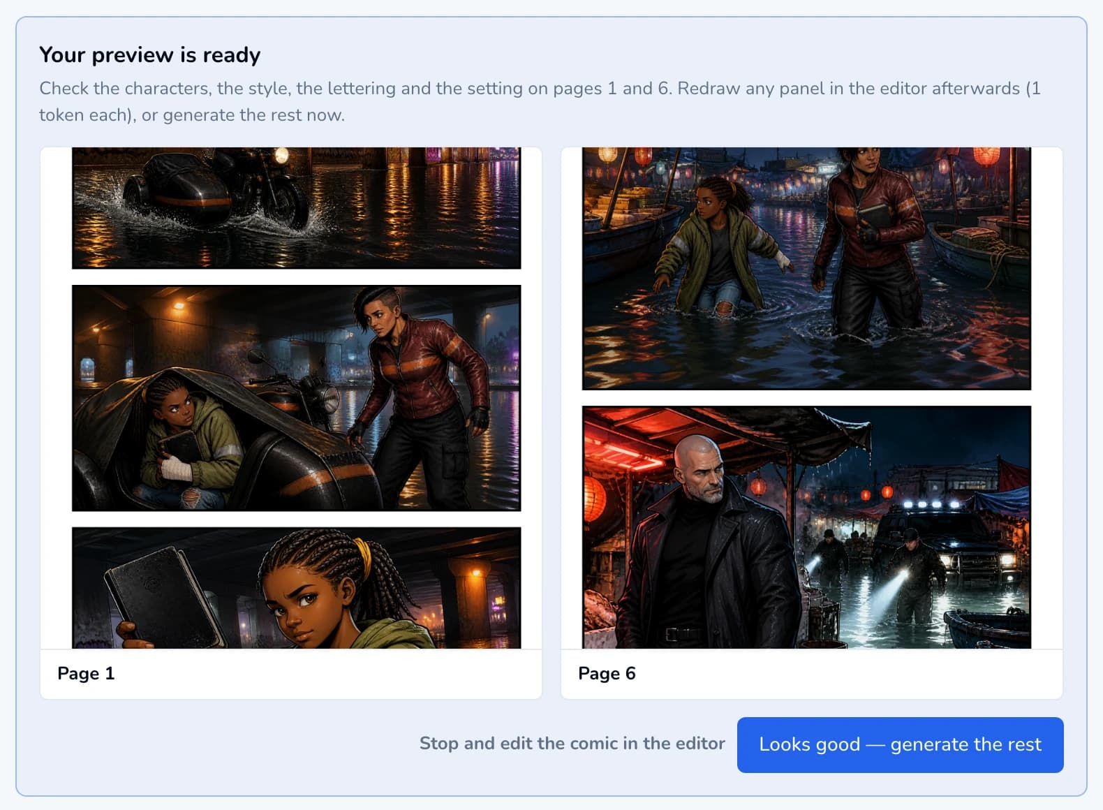 Your preview is ready: two finished pages and the buttons to generate the rest or edit first.