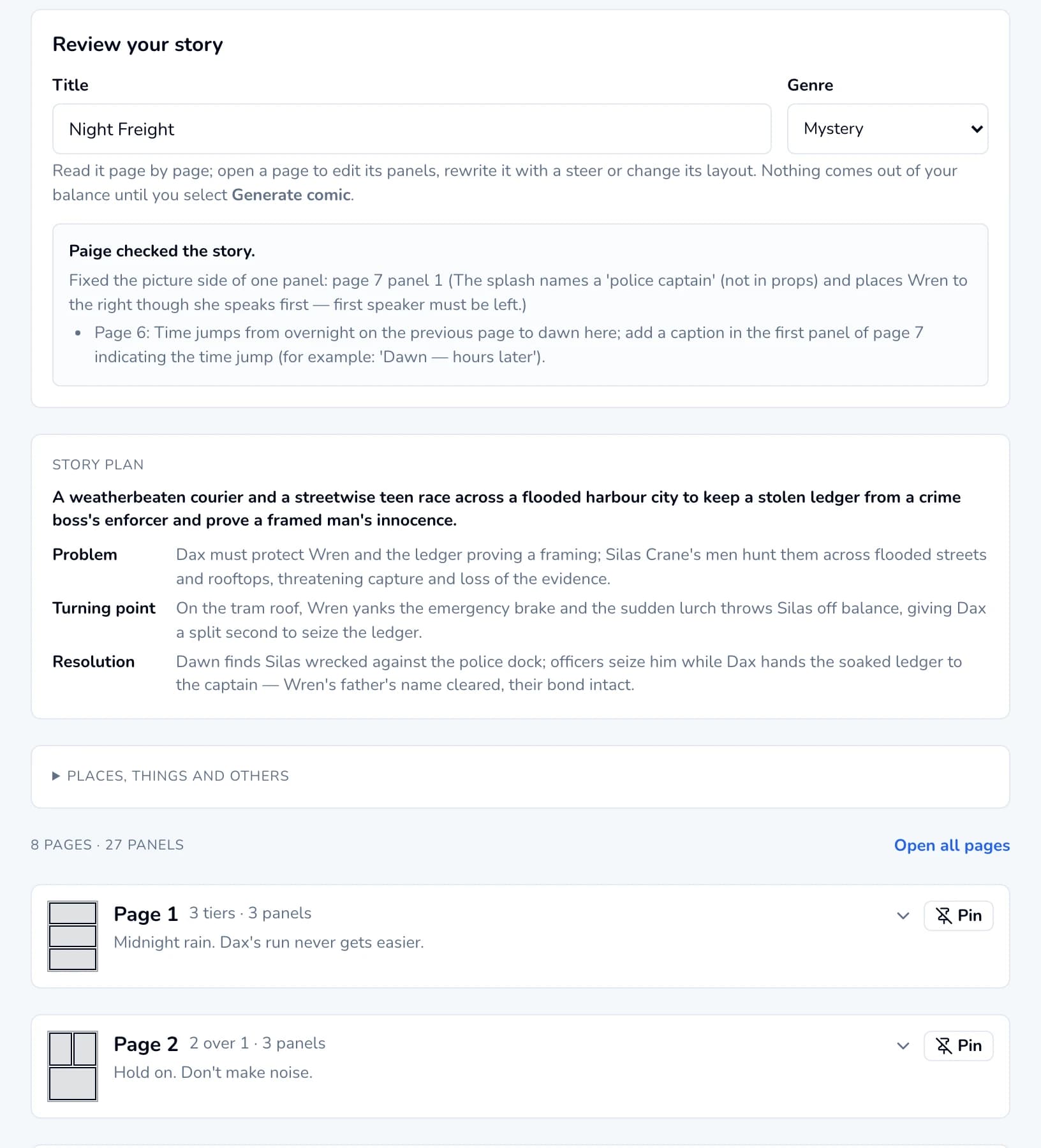 Review your story: the title, the story plan and Paige's notes above the list of pages.