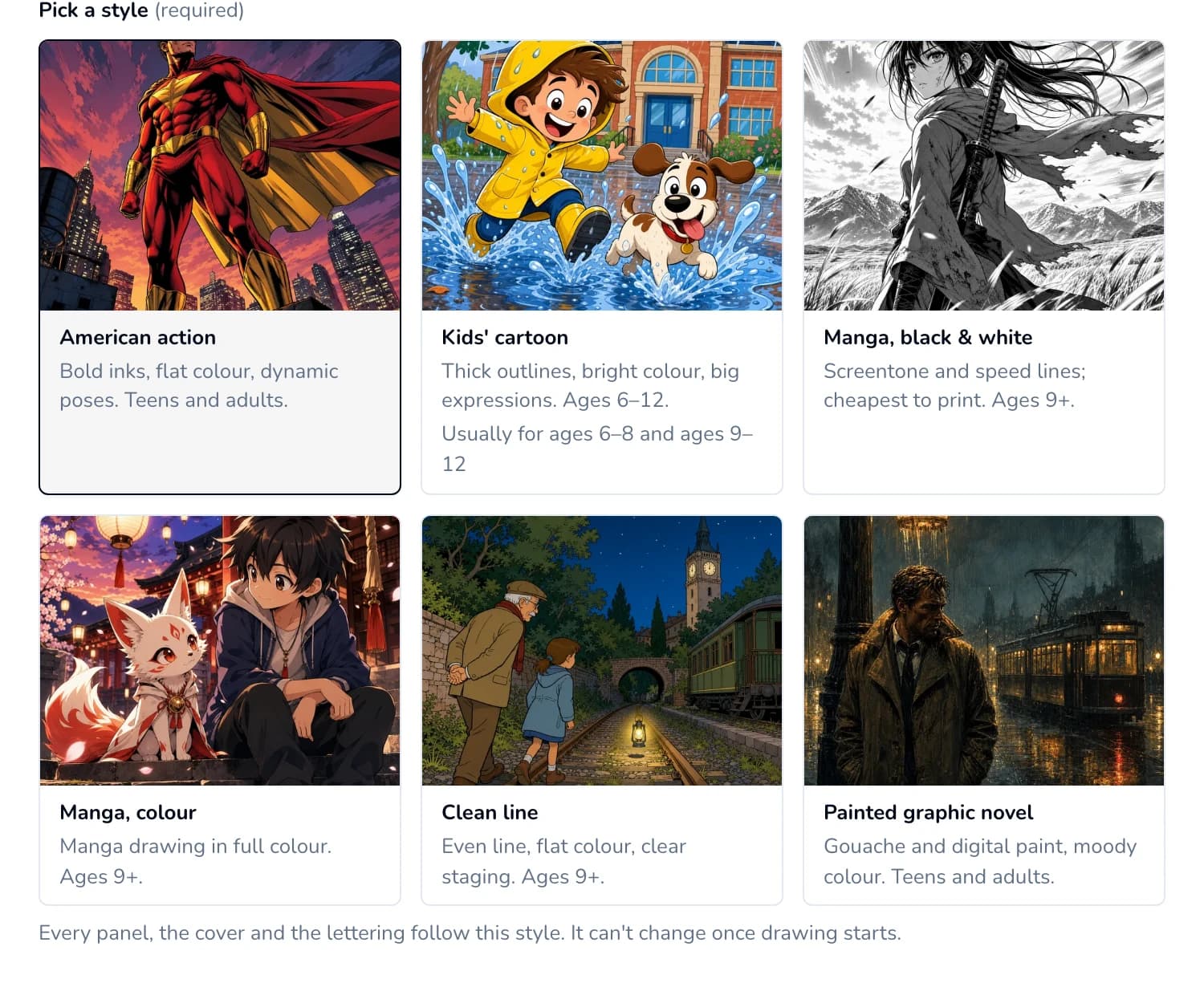 The six comic art styles, American action selected.