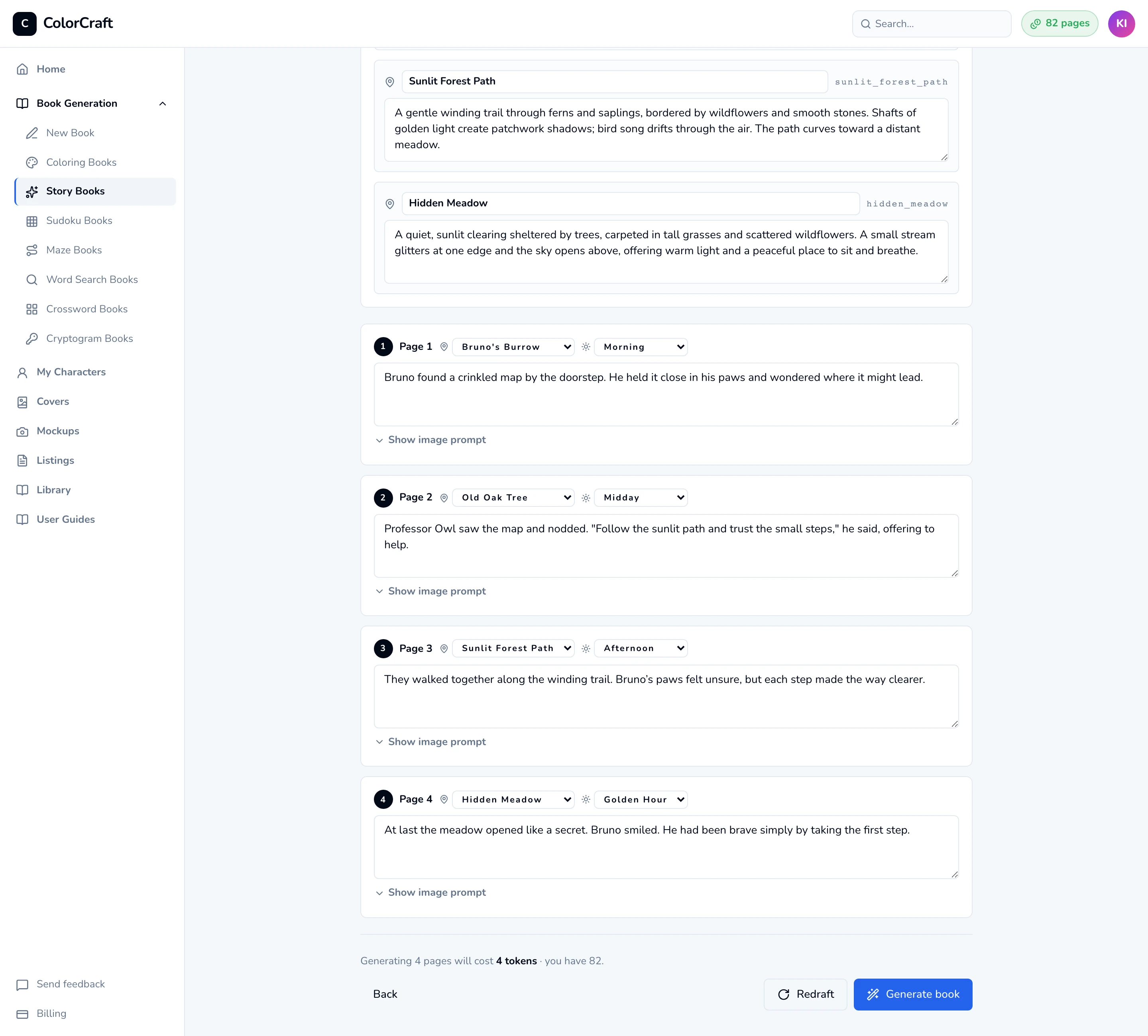 The story bible: a Locations list, page cards with location and time-of-day pickers, story text and a Show image prompt link, and a footer with the cost line and the buttons Back, Redraft and Generate book.