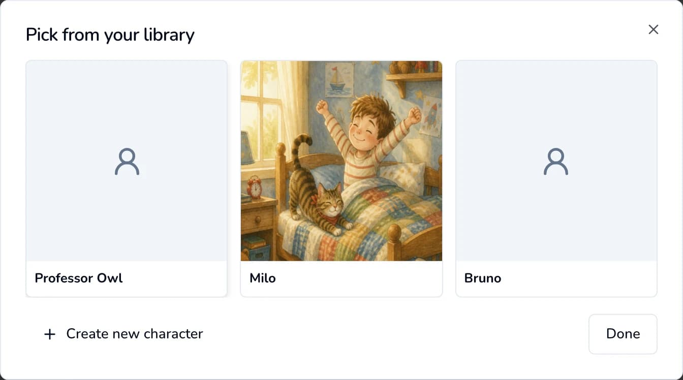 The “Pick from your library” window showing three saved characters, a Create new character button and Done.