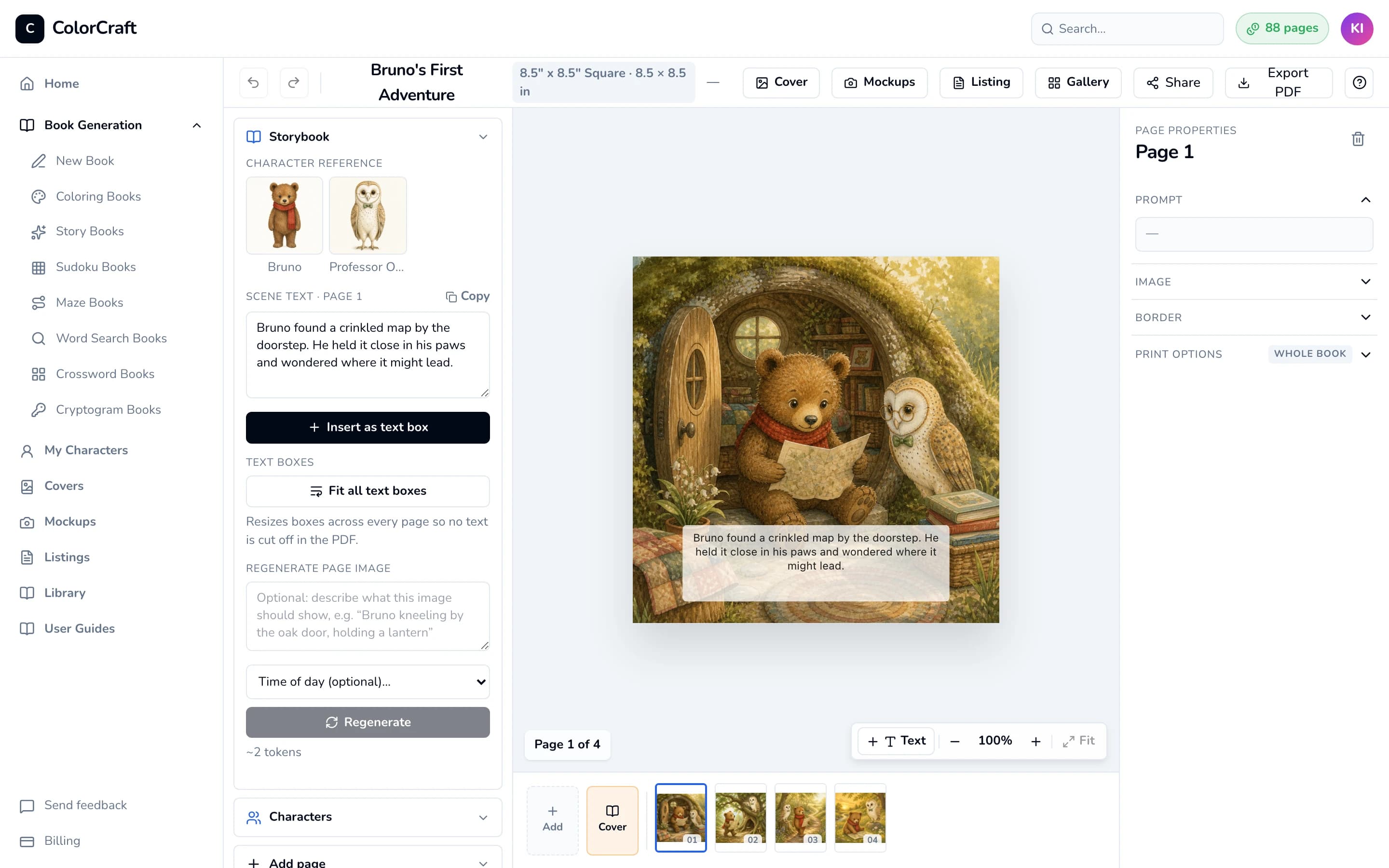 The editor with a finished storybook page showing Bruno and Professor Owl, the story text in a text box, and the Storybook panel on the left.