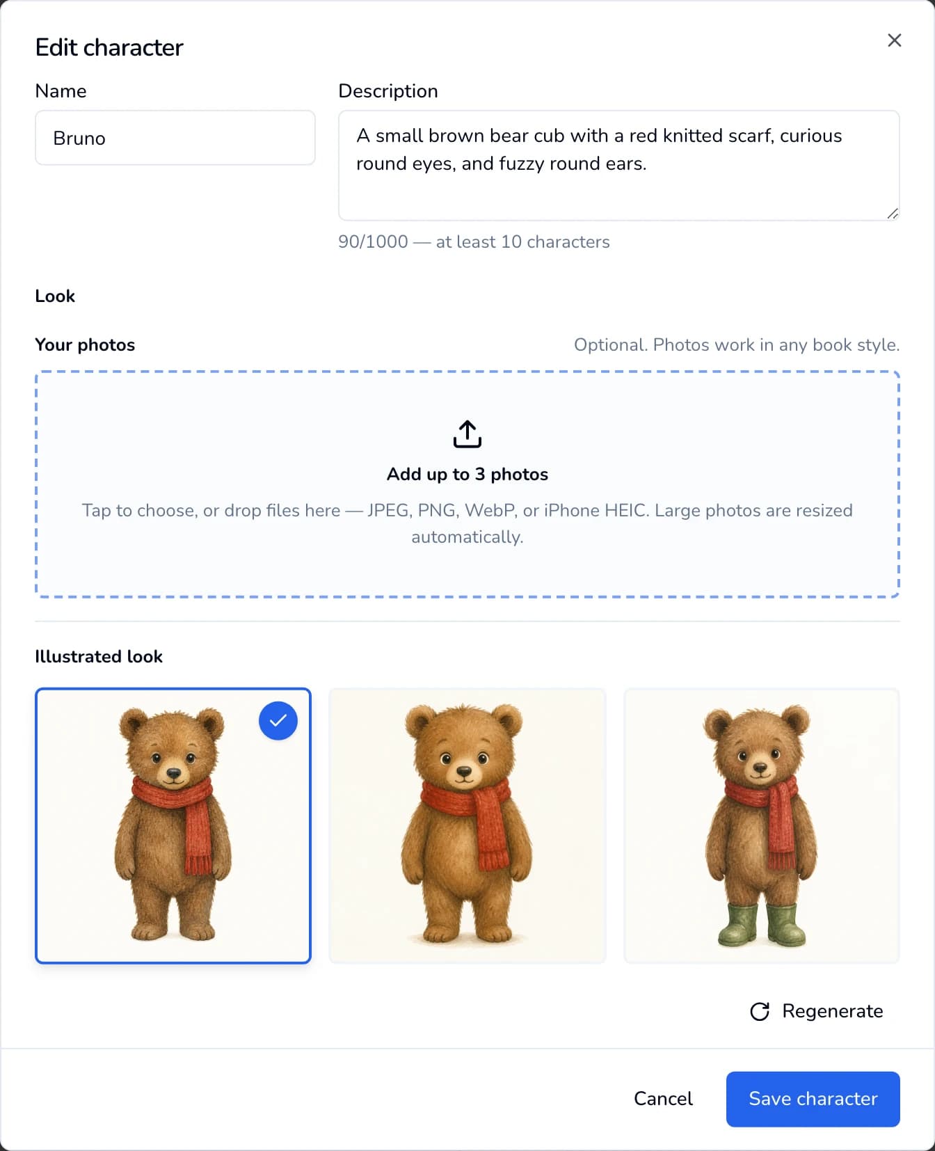 The Edit character window opened from a chip, showing three watercolor looks with the first one checked, and the Save character button.