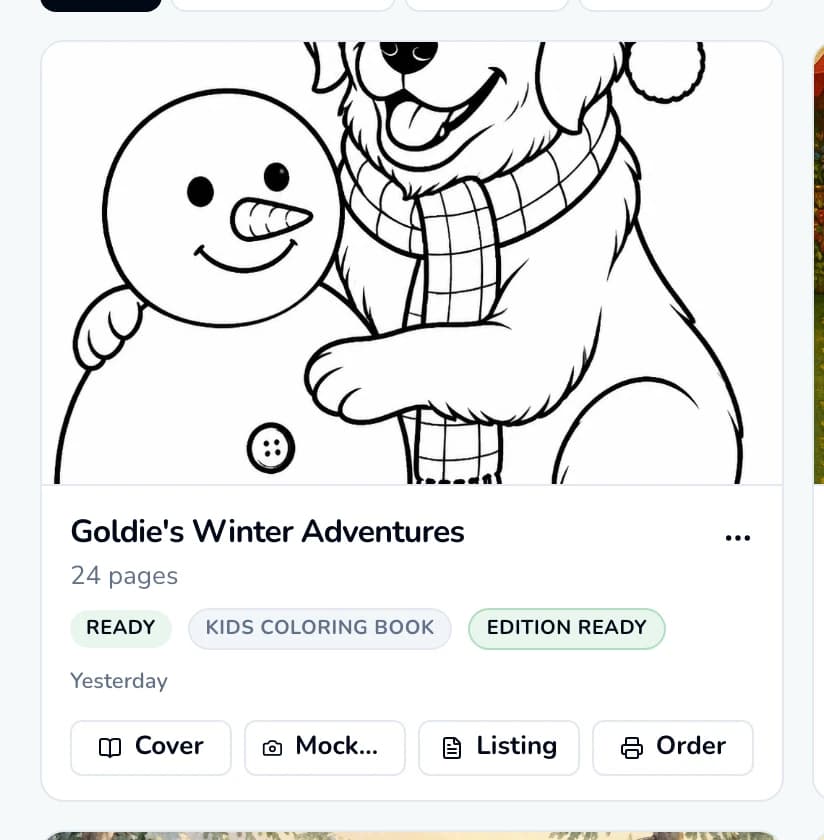 A book card on the dashboard with Cover, Mockups, Listing and Order buttons. The book is marked Ready and Edition ready.