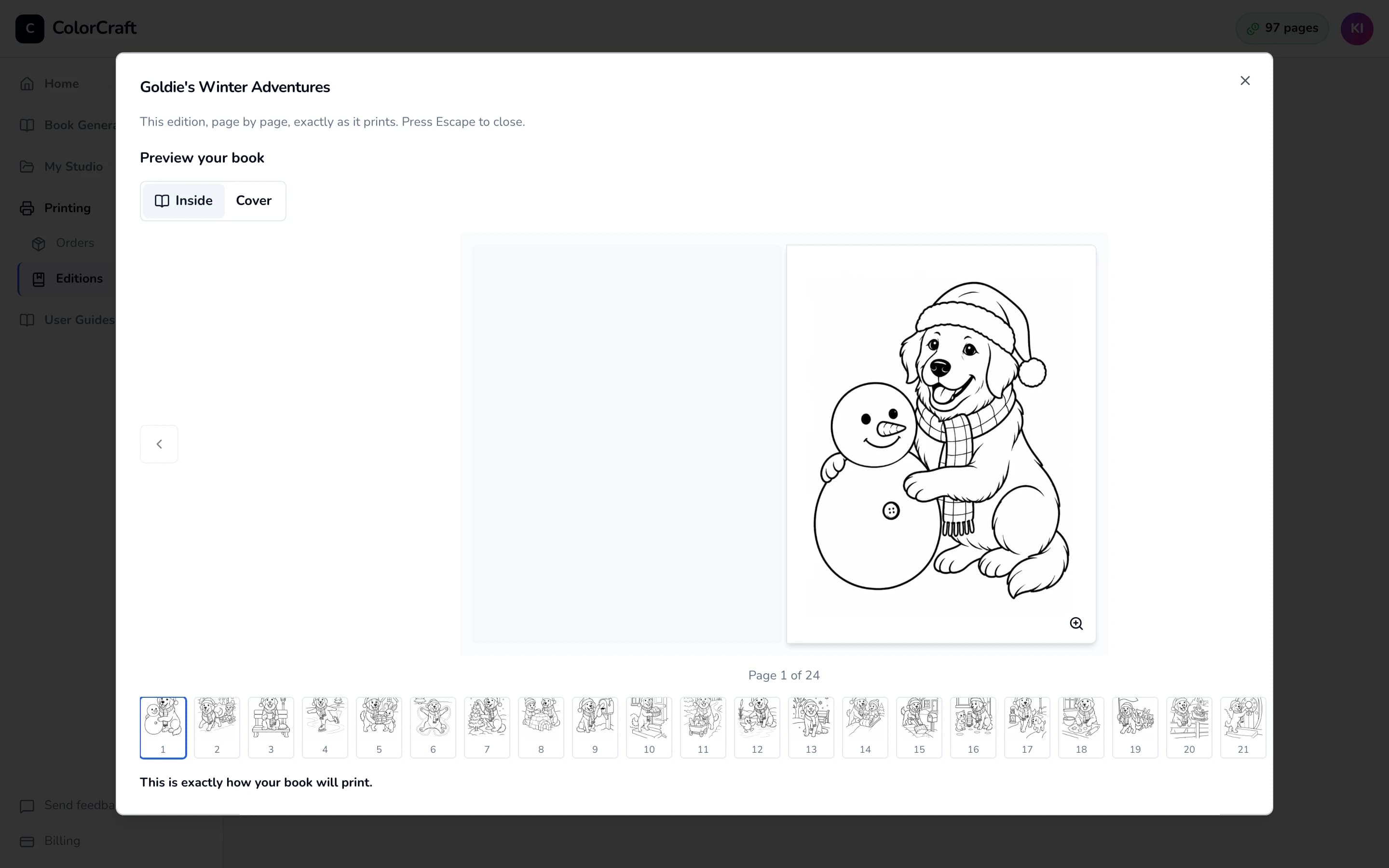An edition's preview dialog: a page of the coloring book, the Inside and Cover tabs and a strip of page thumbnails.