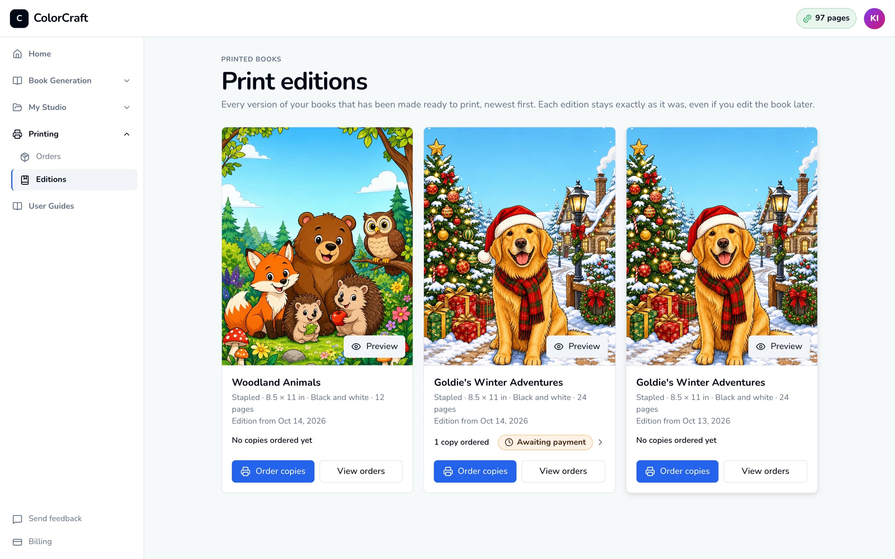 The Print editions page: three edition cards with cover art, format, date, copies ordered, and Order copies and View orders buttons.