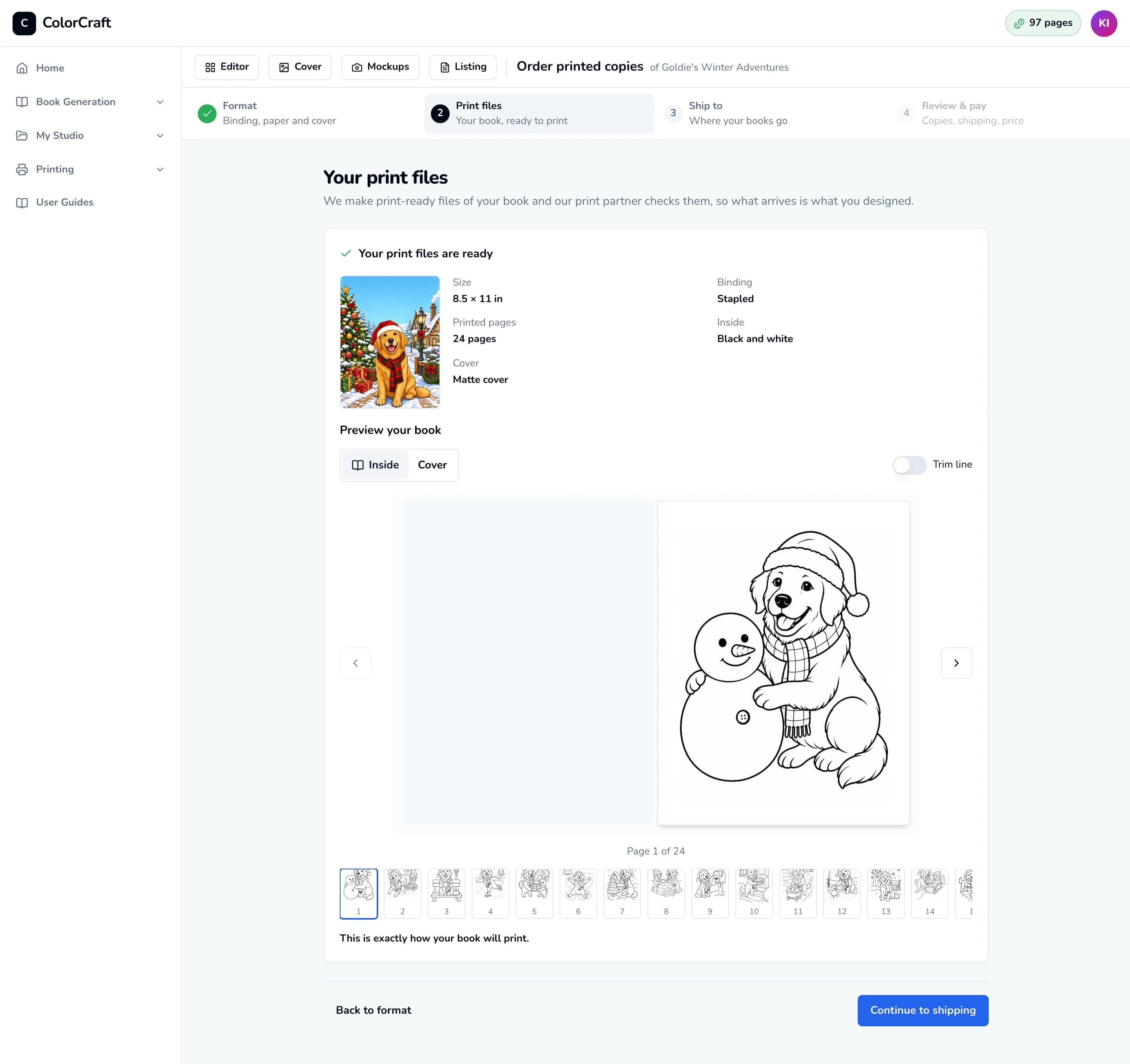 The Print files step: a summary of size, binding, pages, inside and cover beside the cover thumbnail, then a page-by-page preview of the book with Inside and Cover tabs, a Trim line switch and page thumbnails.